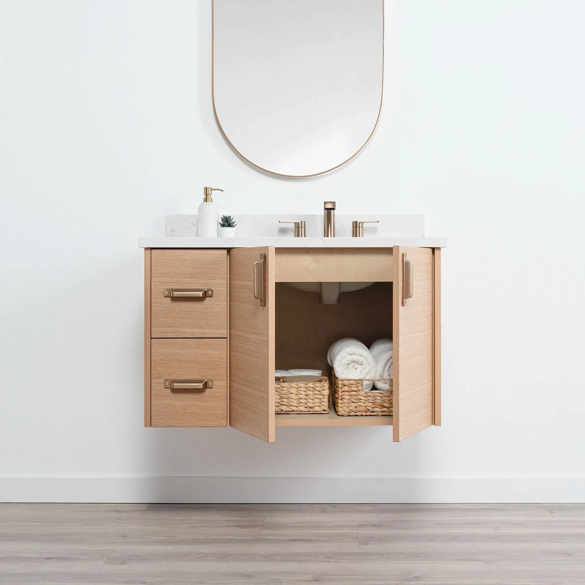 Ashbury 36" Wall Mount Natural White Oak Bathroom Vanity, Right Sink - Image 3