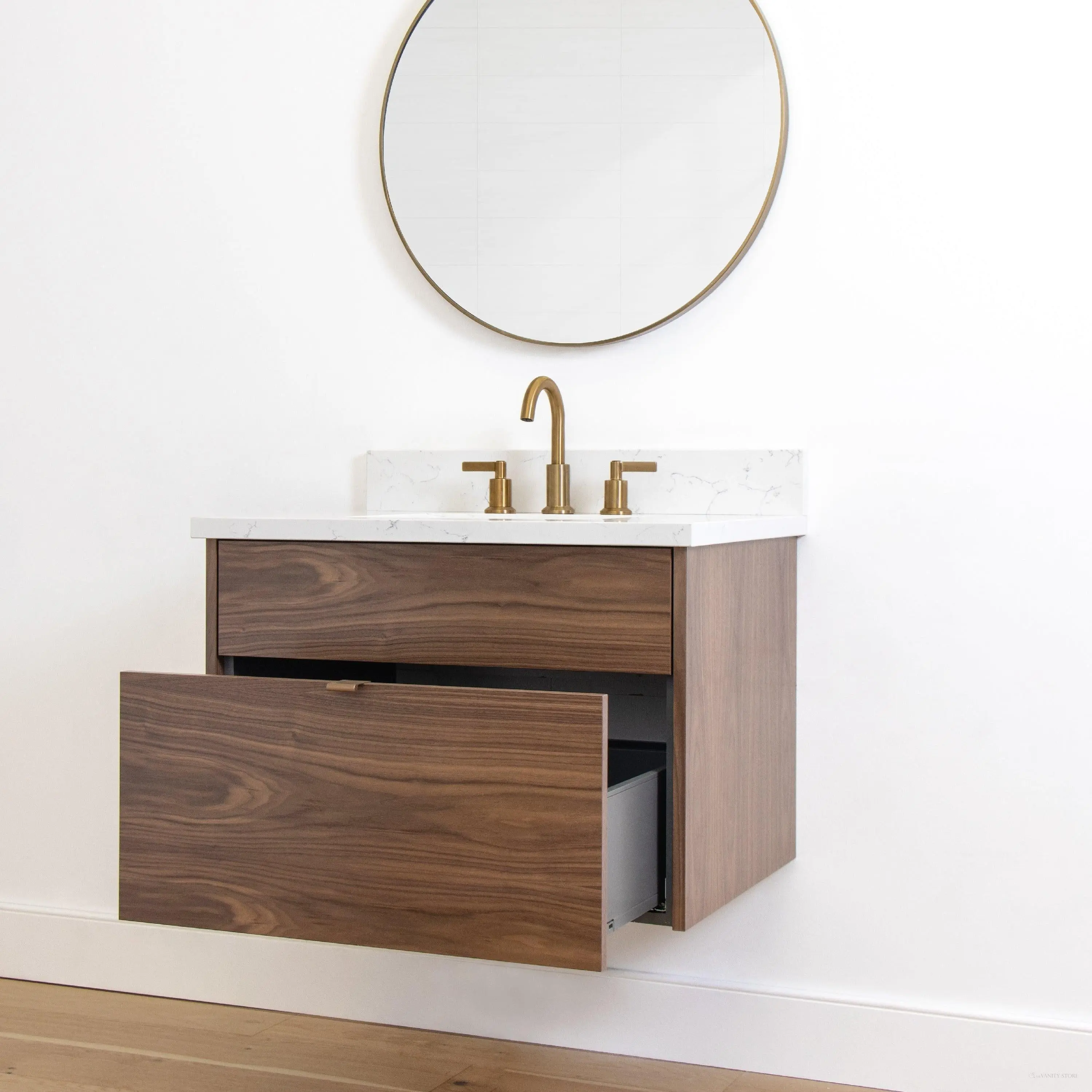 Austin 30" Wall Mount American Black Walnut Bathroom Vanity - All Drawers - Image 6
