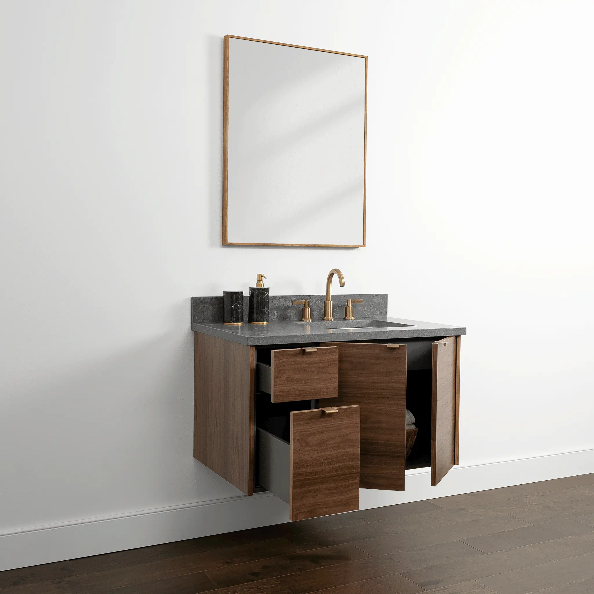 Austin 36" Wall Mount American Black Walnut Bathroom Vanity, Right Sink - Image 5