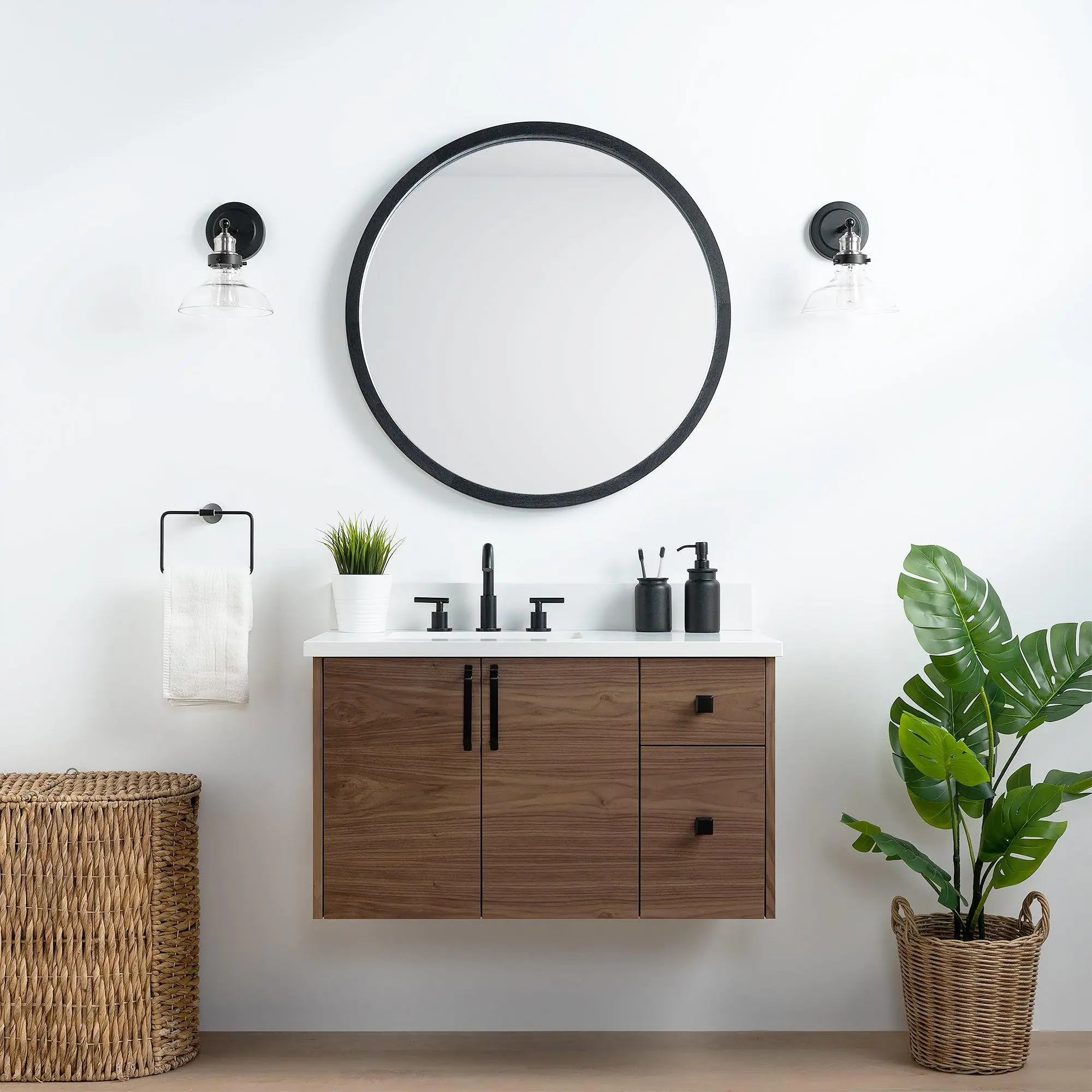 Austin SLIM 36" Wall Mount American Black Walnut Bathroom Vanity, Left Sink - Image 2