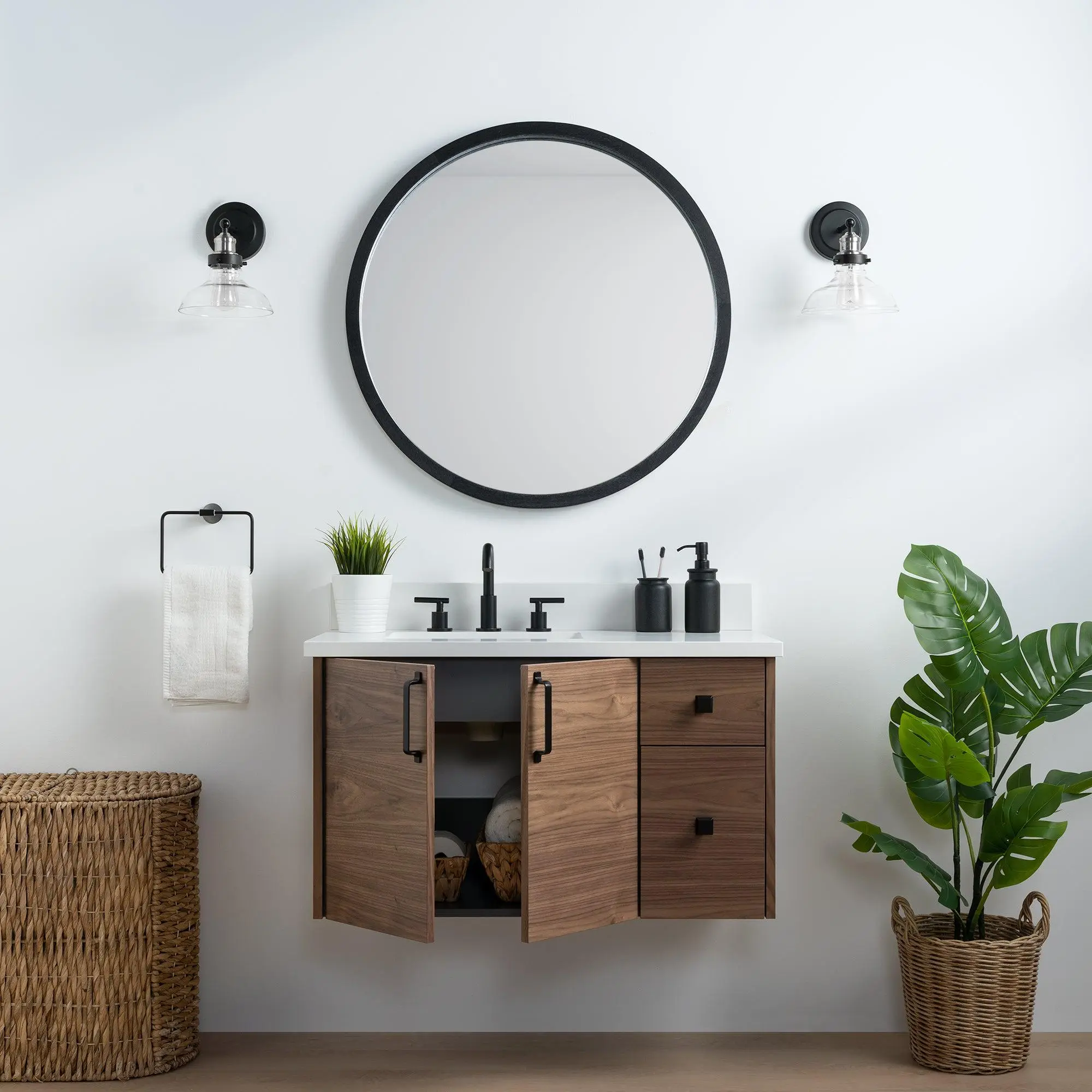 Austin SLIM 36" Wall Mount American Black Walnut Bathroom Vanity, Left Sink - Image 3