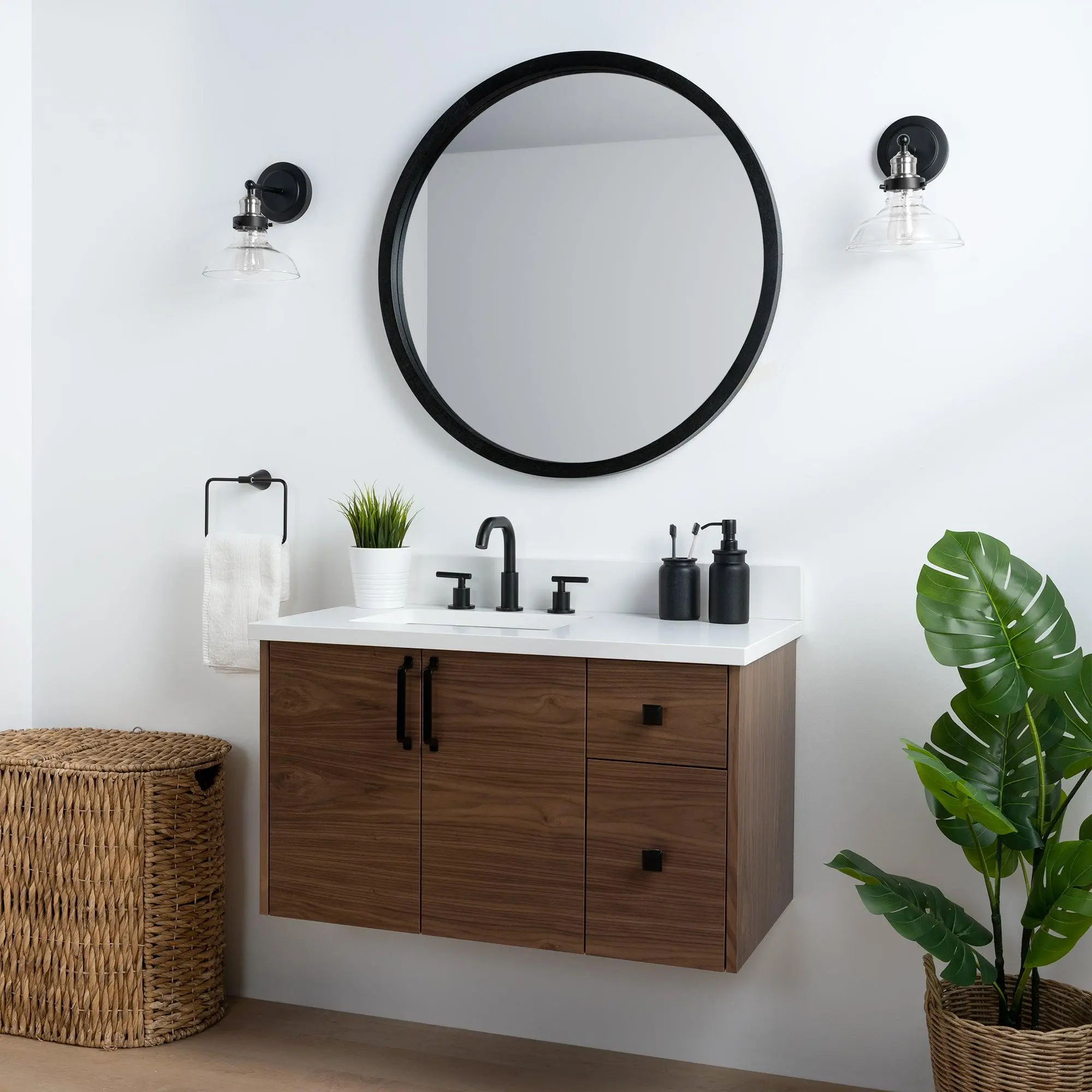 Austin SLIM 36" Wall Mount American Black Walnut Bathroom Vanity, Left Sink - Image 4