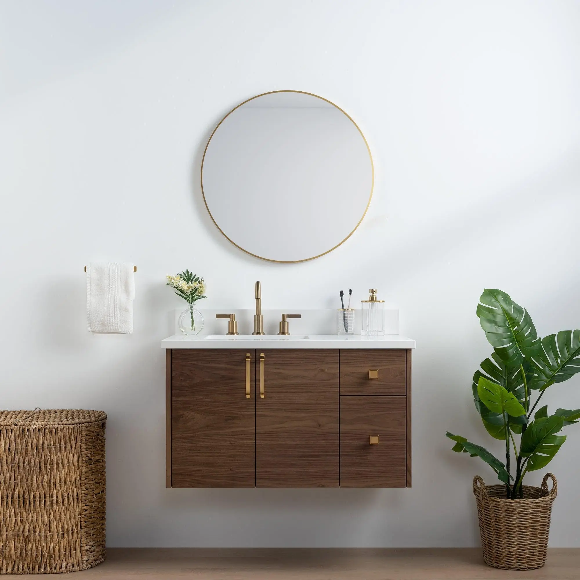 Austin SLIM 36" Wall Mount American Black Walnut Bathroom Vanity, Left Sink - Image 9