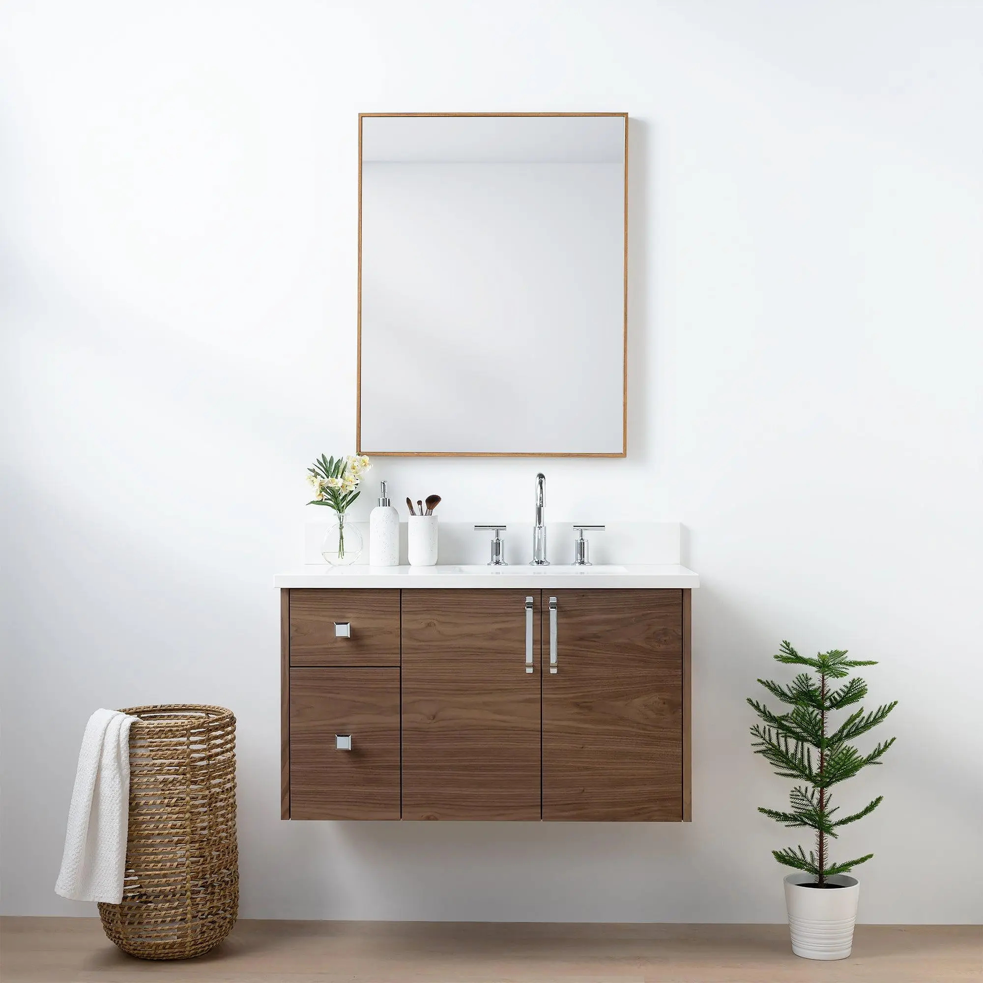 Austin SLIM 36" Wall Mount American Black Walnut Bathroom Vanity, Right Sink - Image 2