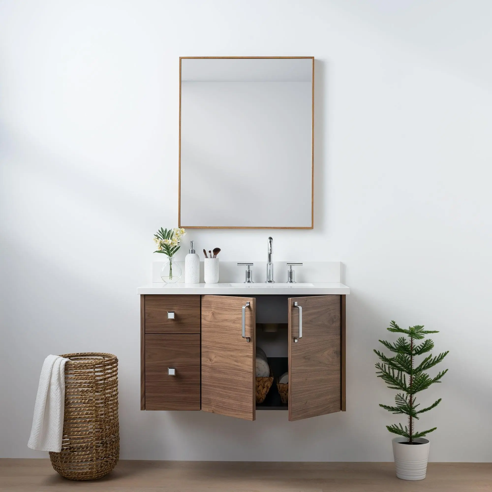 Austin SLIM 36" Wall Mount American Black Walnut Bathroom Vanity, Right Sink - Image 3