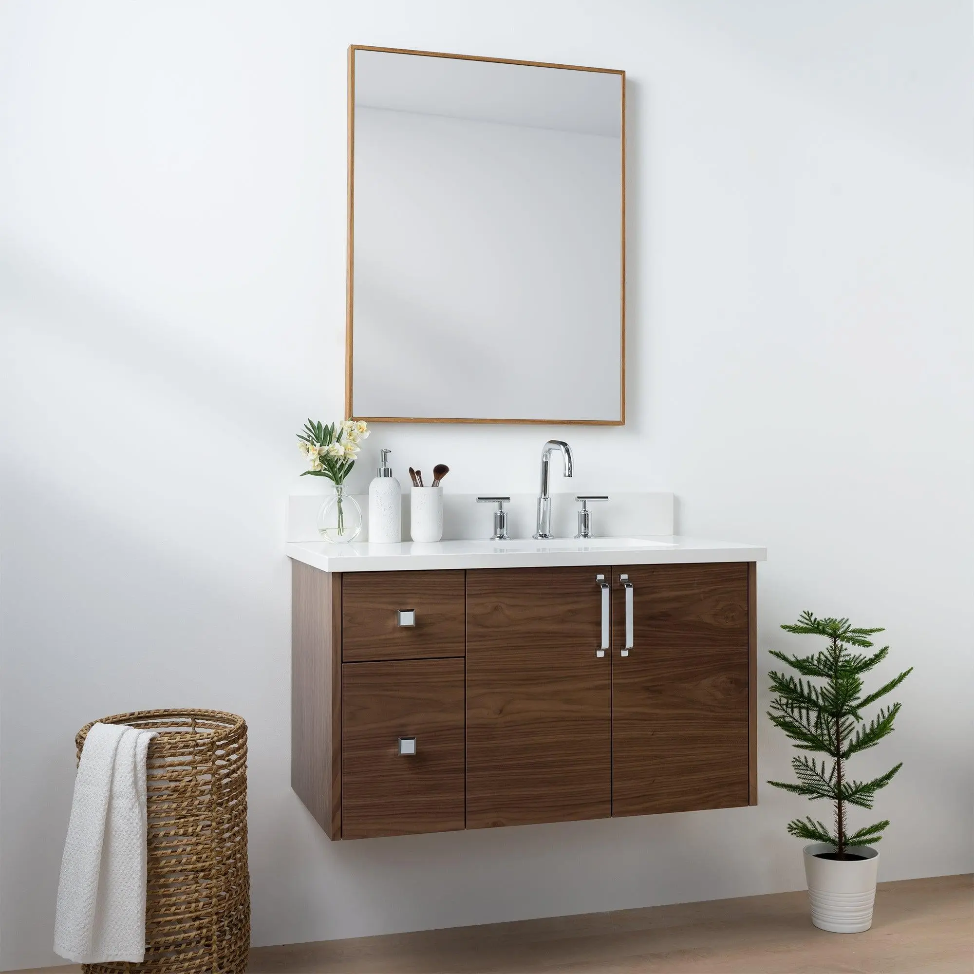 Austin SLIM 36" Wall Mount American Black Walnut Bathroom Vanity, Right Sink - Image 4