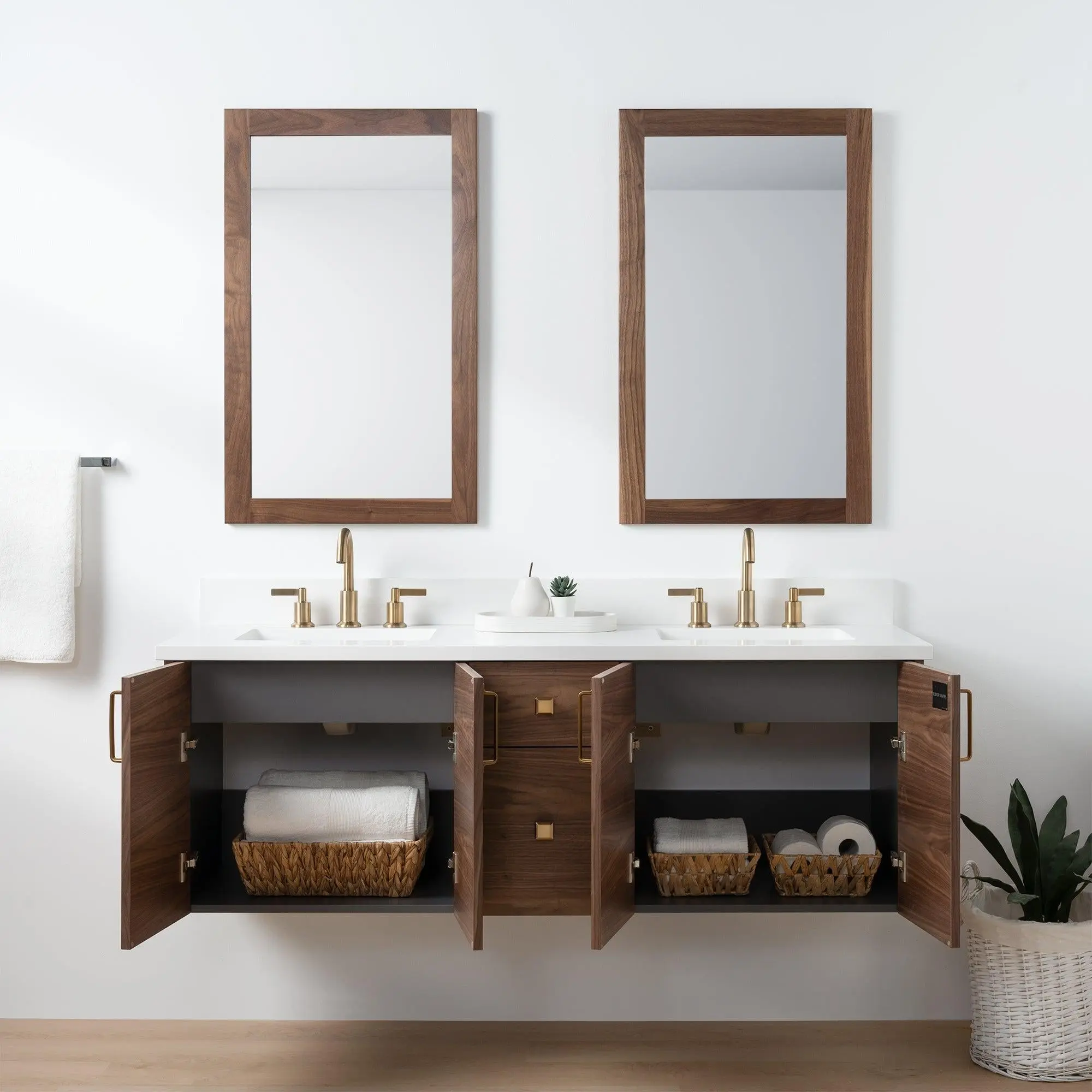 Austin SLIM 60" Wall Mount American Black Walnut Bathroom Vanity, Double Sink - Image 3