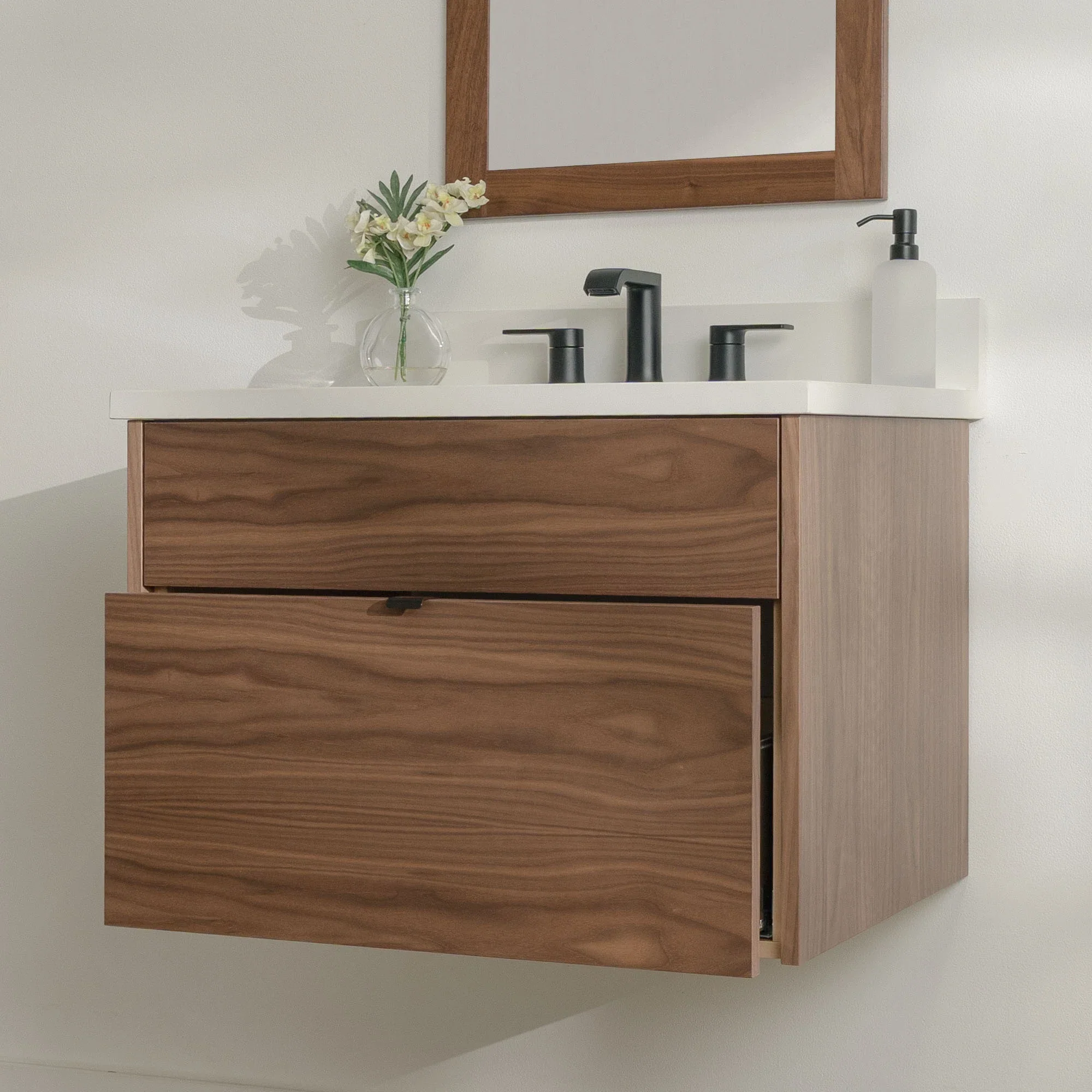 Austin Stainless 30" Wall Mount American Black Walnut Bathroom Vanity - All Drawers - Image 5
