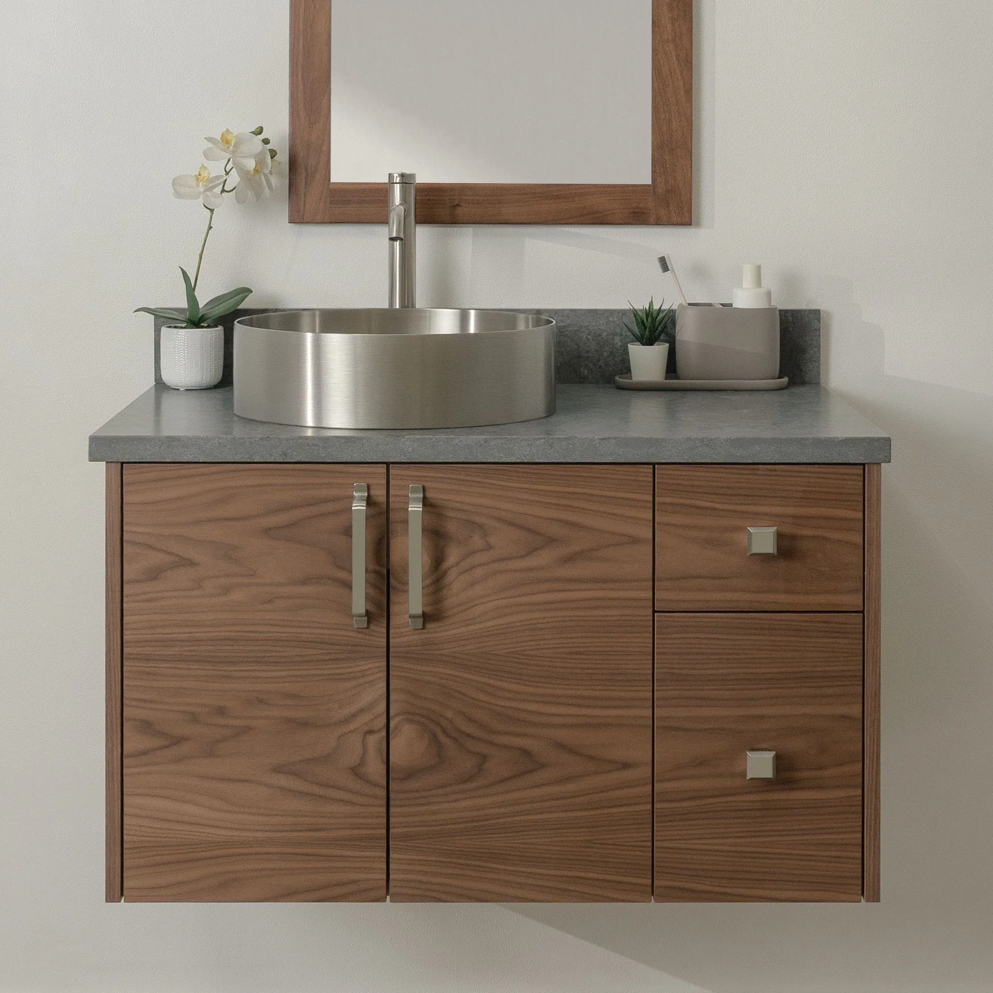 Austin Stainless SLIM 36" Wall Mount American Black Walnut Bathroom Vanity, Left Sink - Image 12