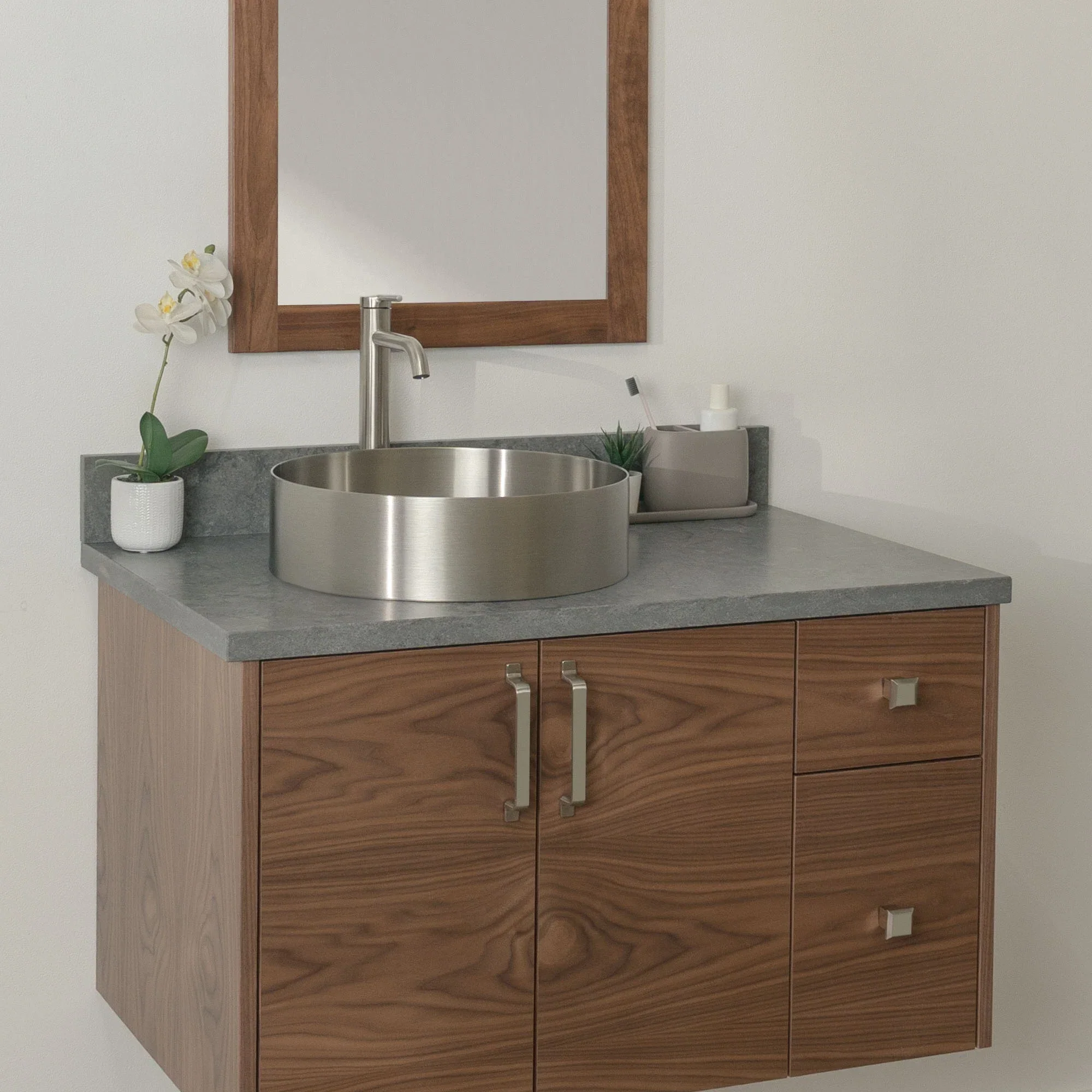 Austin Stainless SLIM 36" Wall Mount American Black Walnut Bathroom Vanity, Left Sink - Image 13