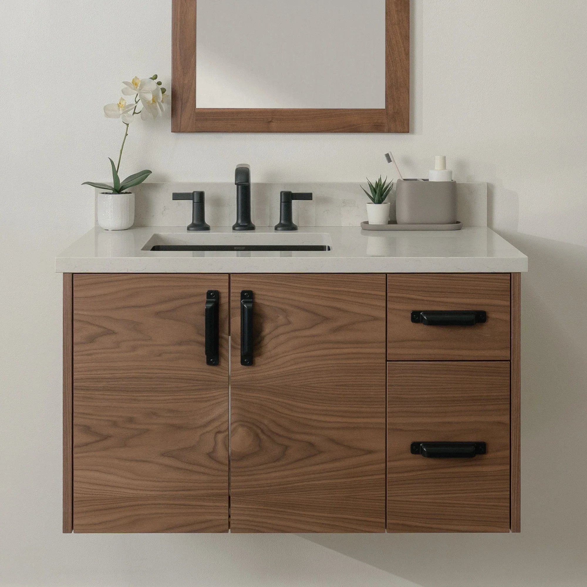 Austin Stainless SLIM 36" Wall Mount American Black Walnut Bathroom Vanity, Left Sink - Image 14