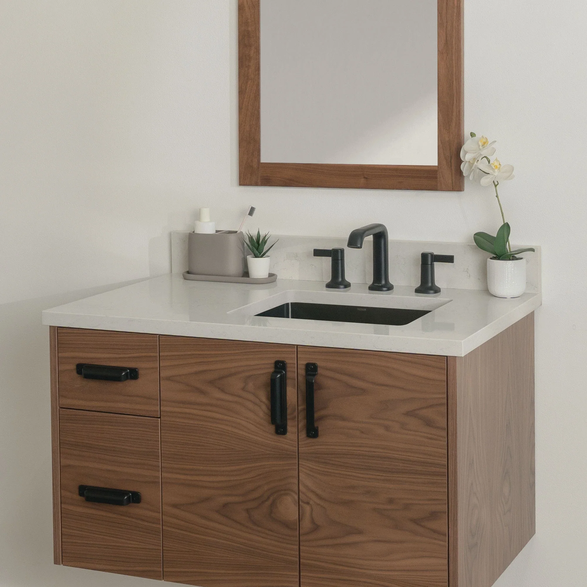 Austin Stainless SLIM 36" Wall Mount American Black Walnut Bathroom Vanity, Right Sink - Image 15