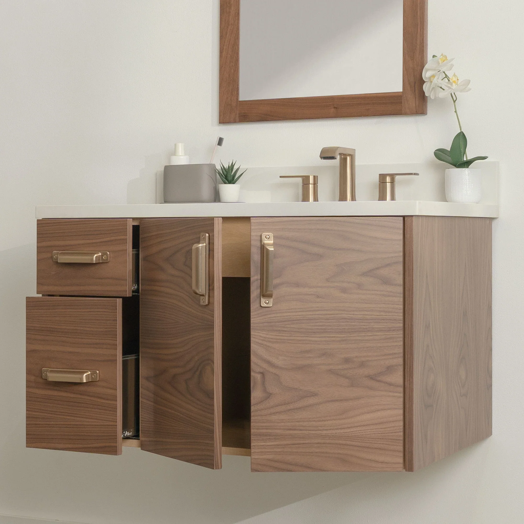 Austin Stainless SLIM 36" Wall Mount American Black Walnut Bathroom Vanity, Right Sink - Image 5