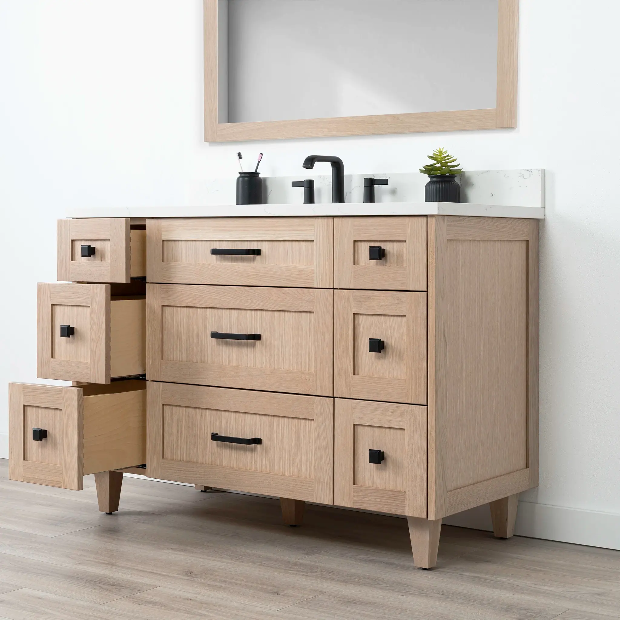 Bridgeport 48" White Oak Bathroom Vanity - All Drawers - Image 6