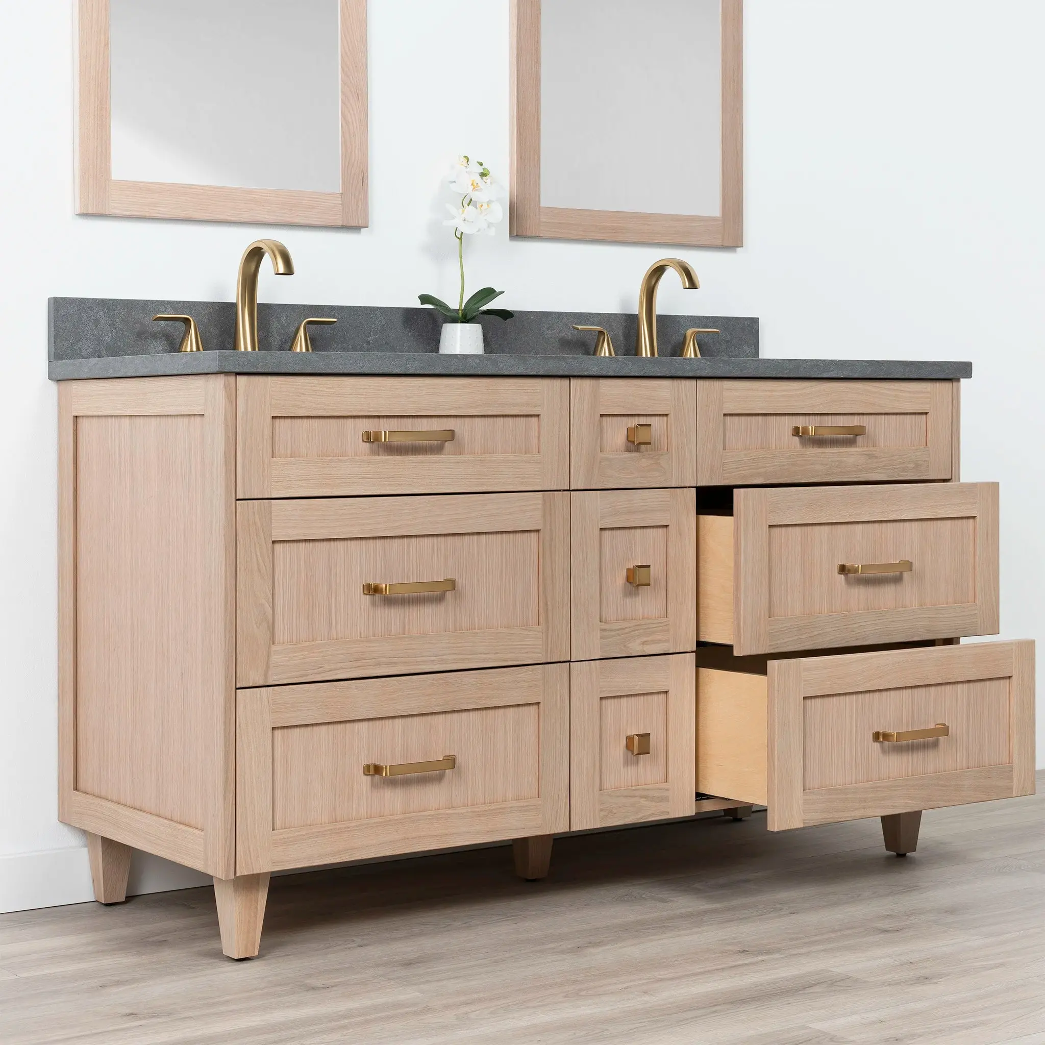 Bridgeport 60" White Oak Bathroom Vanity, Double Sink - All Drawers - Image 5