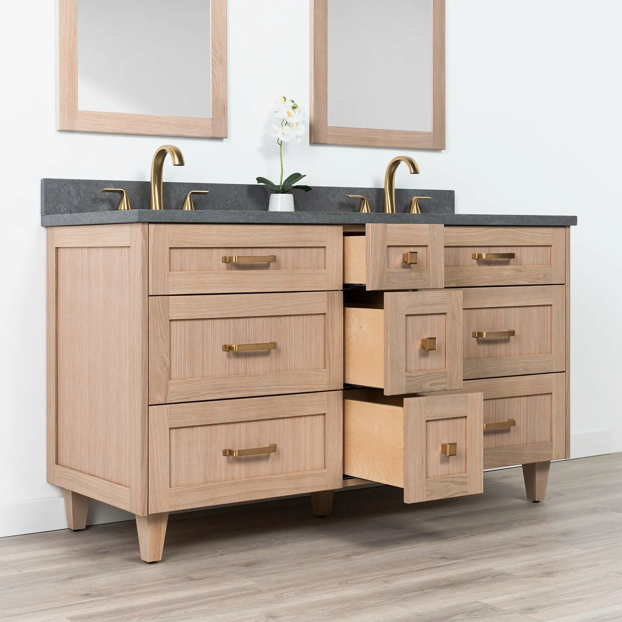 Bridgeport 60" White Oak Bathroom Vanity, Double Sink - All Drawers - Image 6