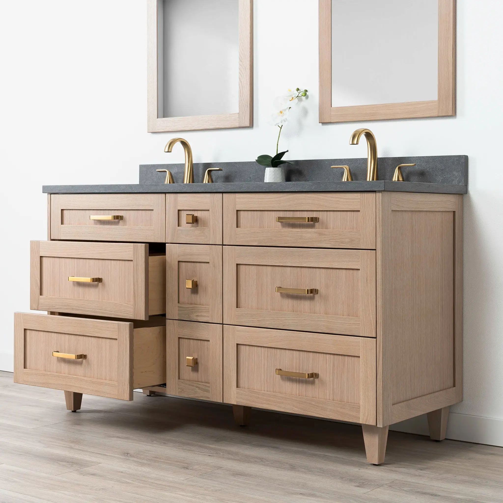 Bridgeport 60" White Oak Bathroom Vanity, Double Sink - All Drawers - Image 8