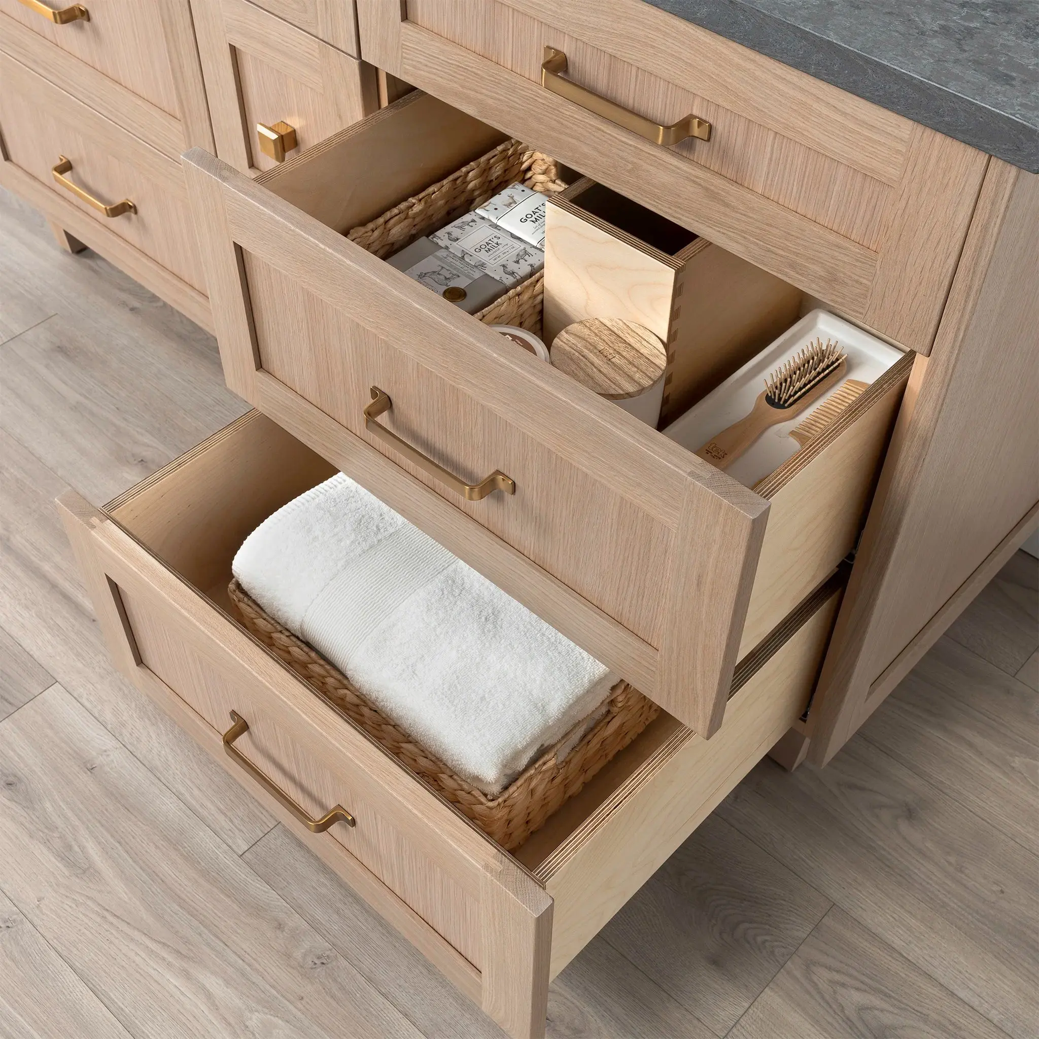 Bridgeport 60" White Oak Bathroom Vanity, Double Sink - All Drawers - Image 9