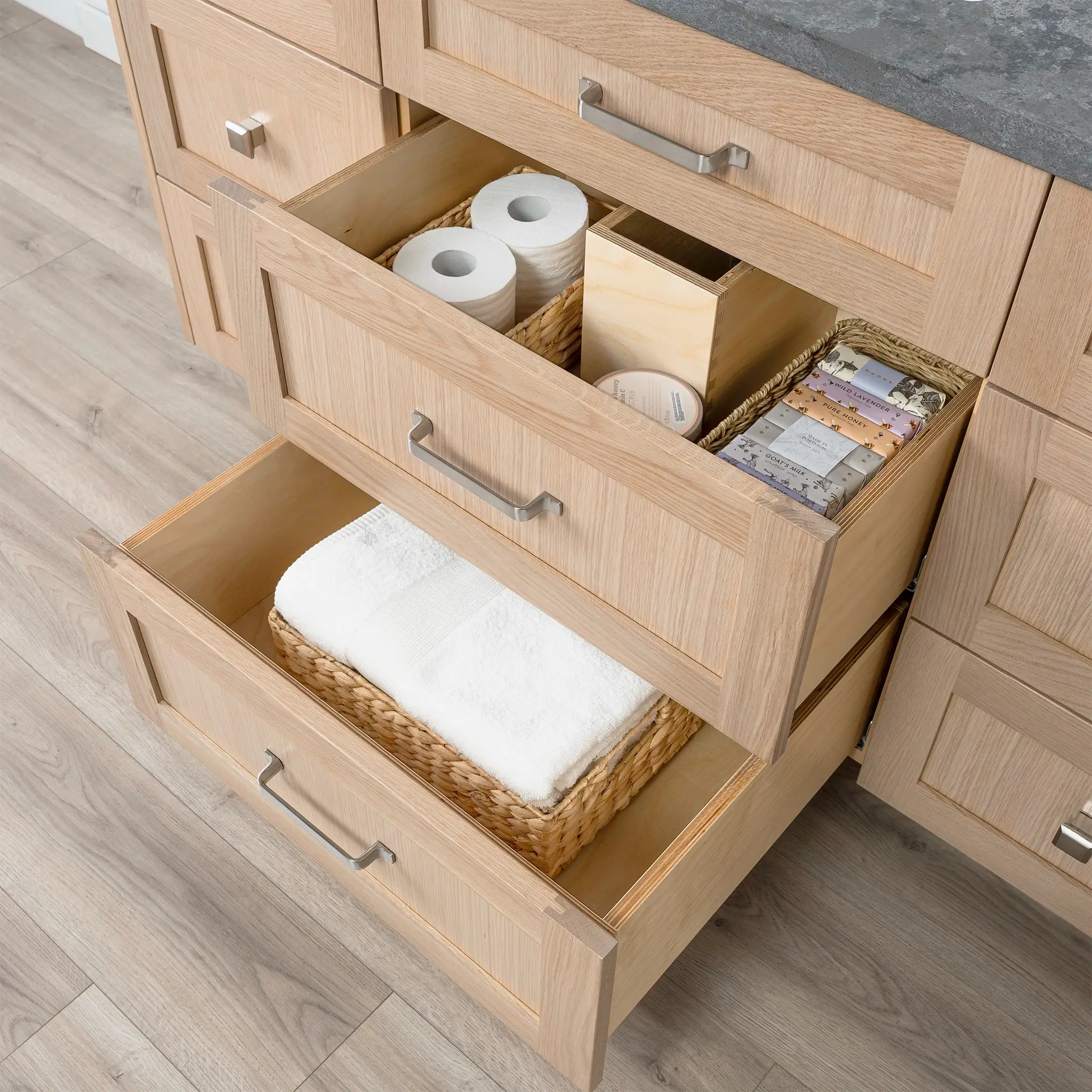 Bridgeport 60" White Oak Bathroom Vanity - All Drawers - Image 11