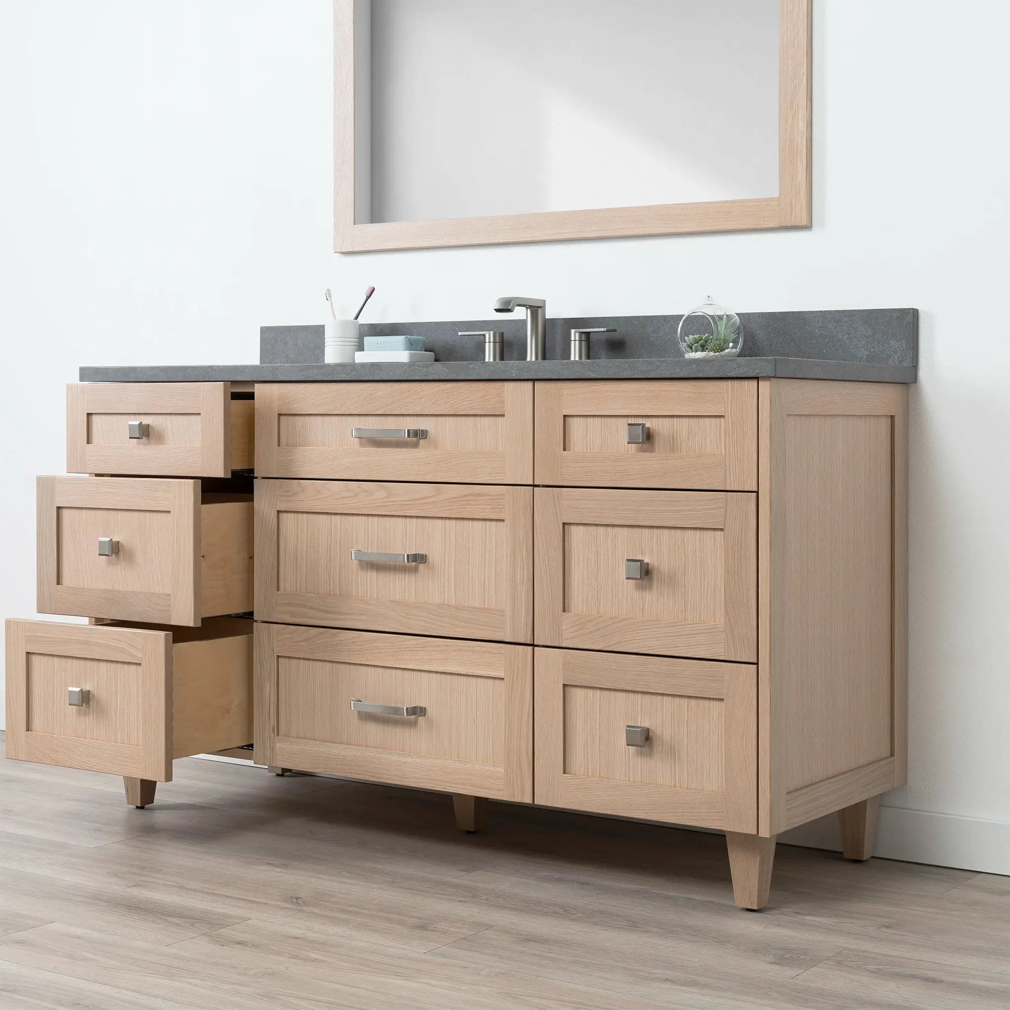 Bridgeport 60" White Oak Bathroom Vanity - All Drawers - Image 7