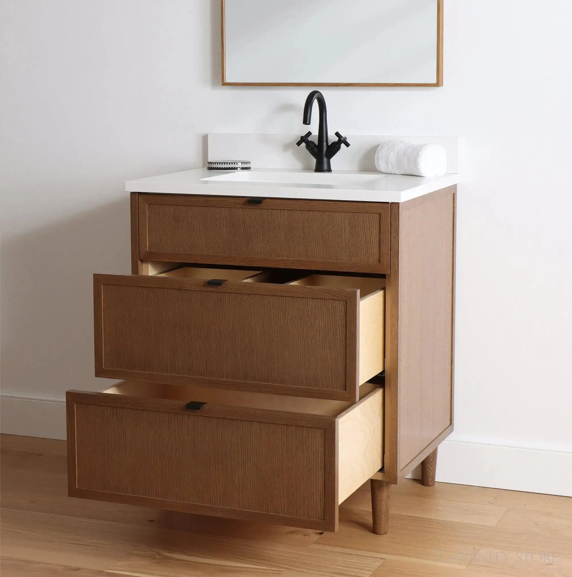 Cape Breton 30" Mid Century Oak Bathroom Vanity - All Drawers - Image 8