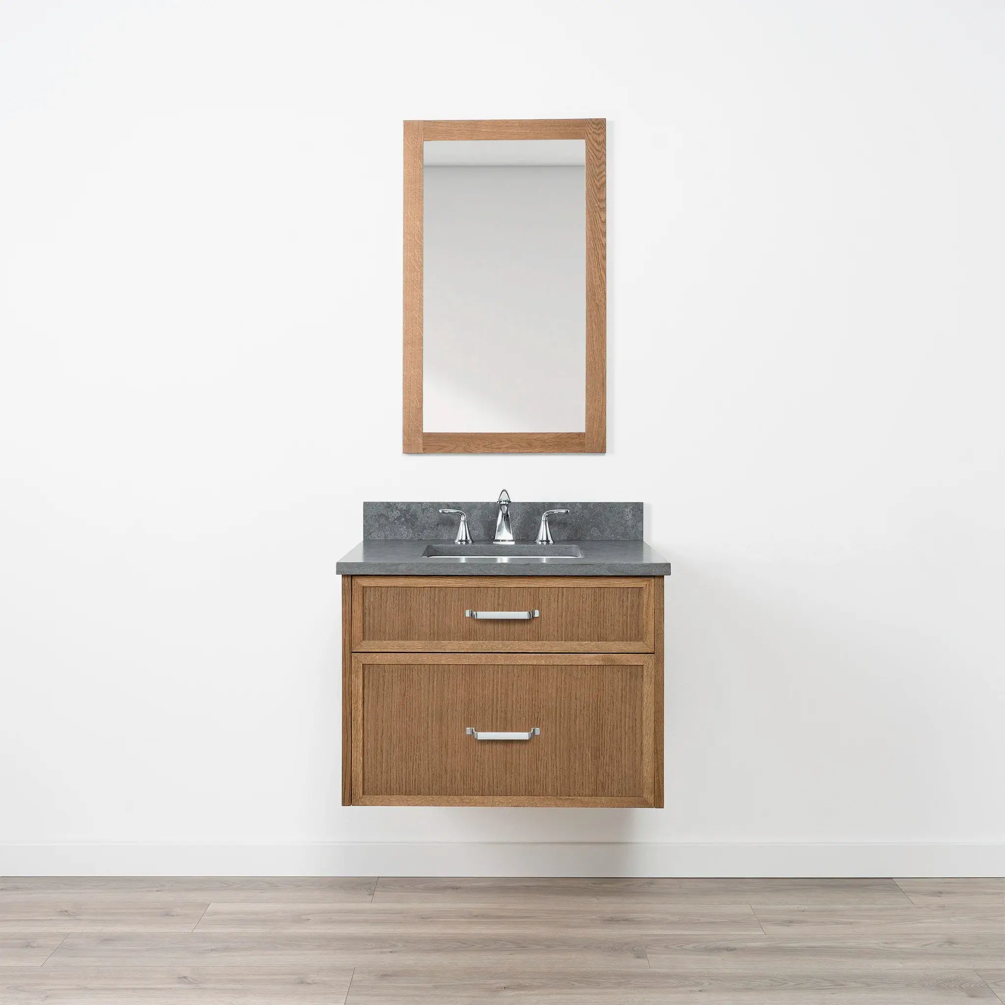 Cape Breton 30" Wall Mount Mid Century Oak Bathroom Vanity - All Drawers - Image 12