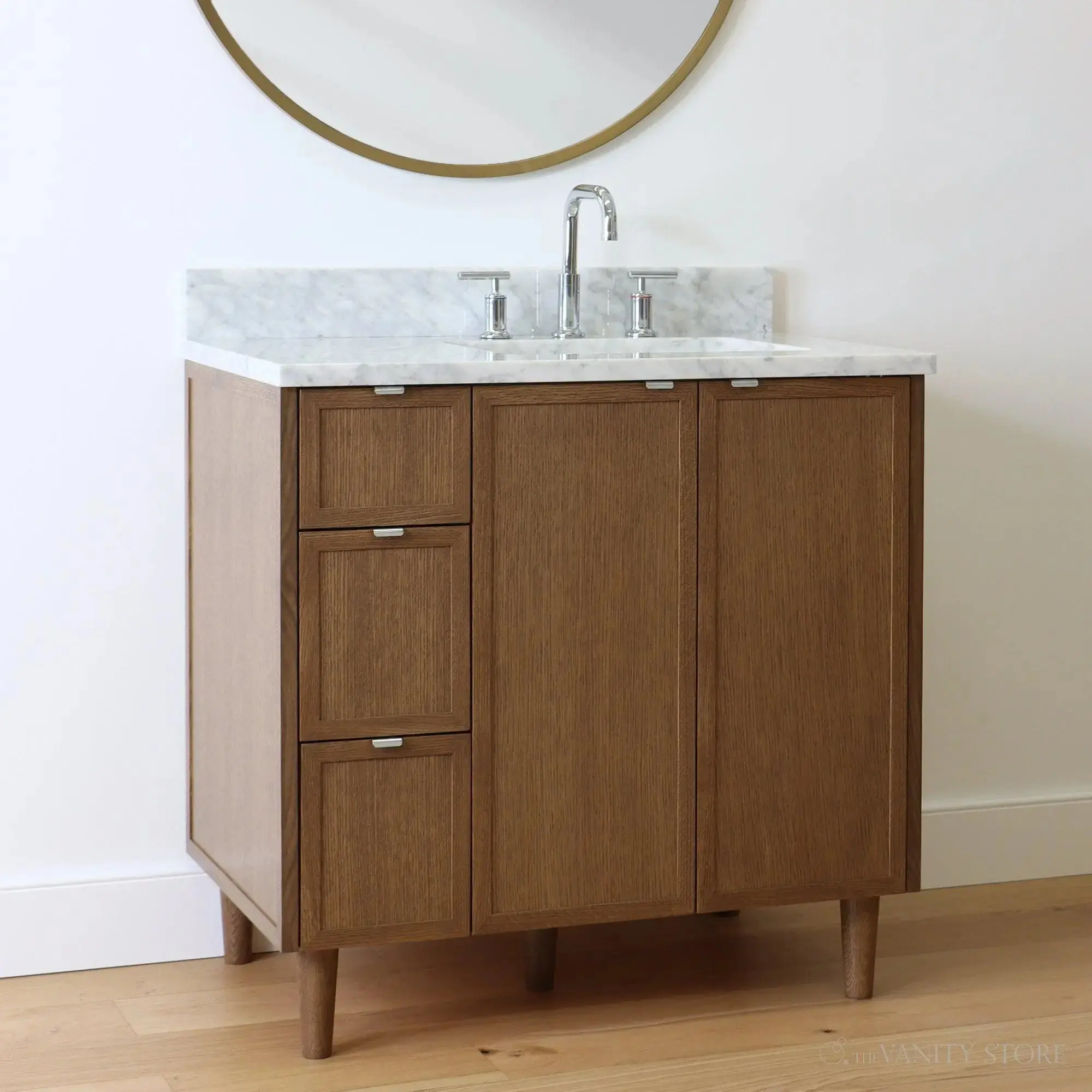 Cape Breton SLIM 36" Mid Century Oak Bathroom Vanity, Right Sink - Image 6