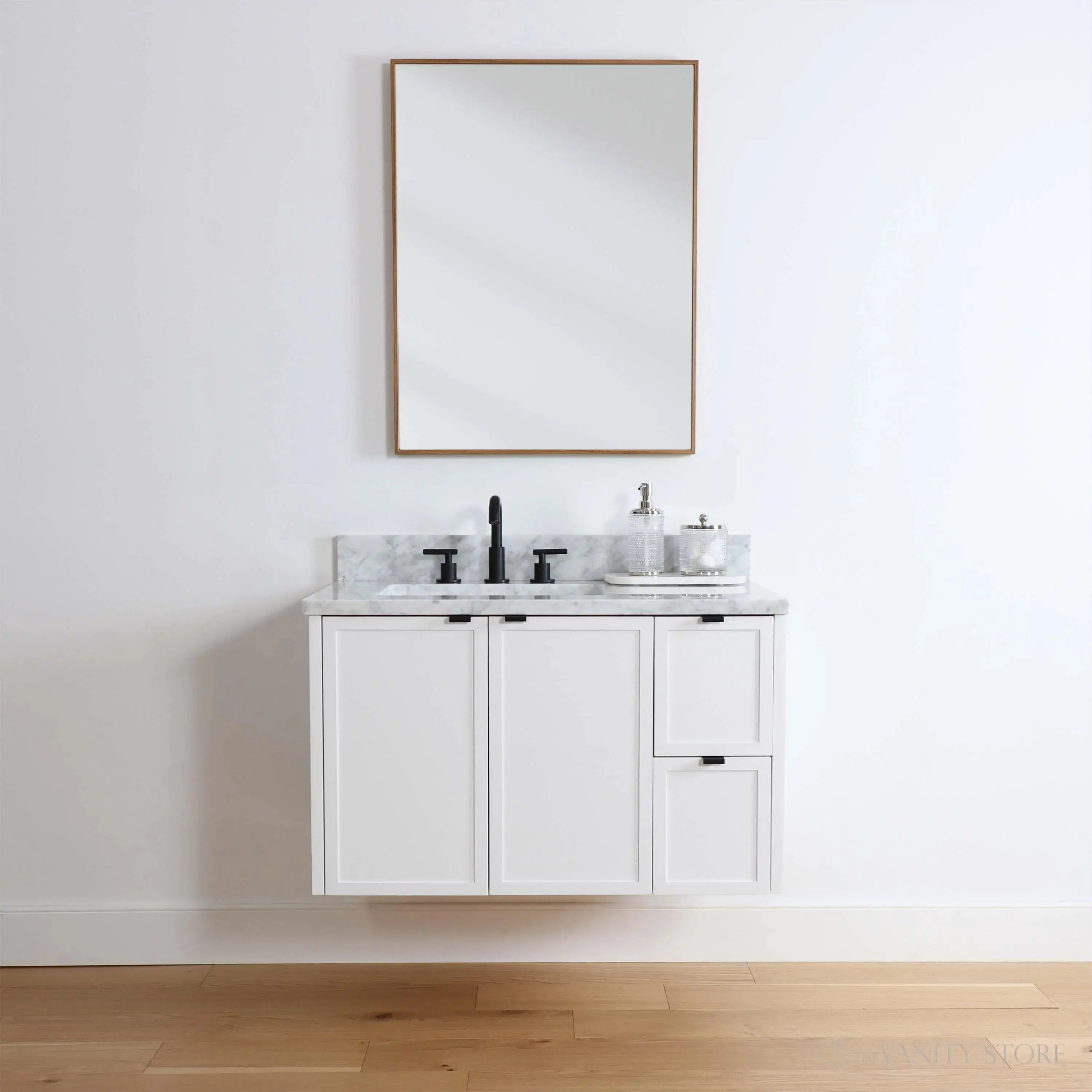 Cape Breton 36" Wall Mount Satin White Bathroom Vanity, Left Sink - Image 10