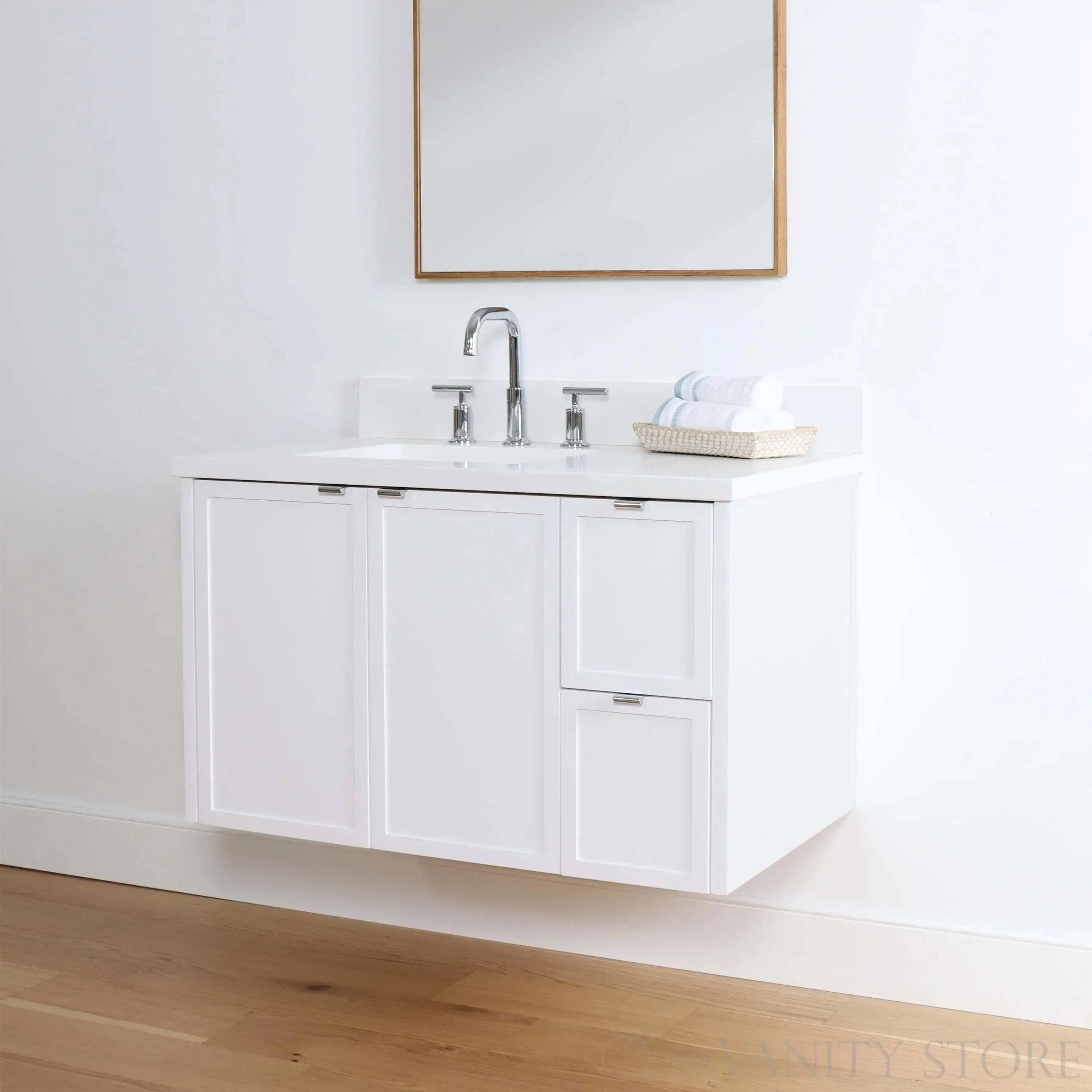 Cape Breton 36" Wall Mount Satin White Bathroom Vanity, Left Sink - Image 3