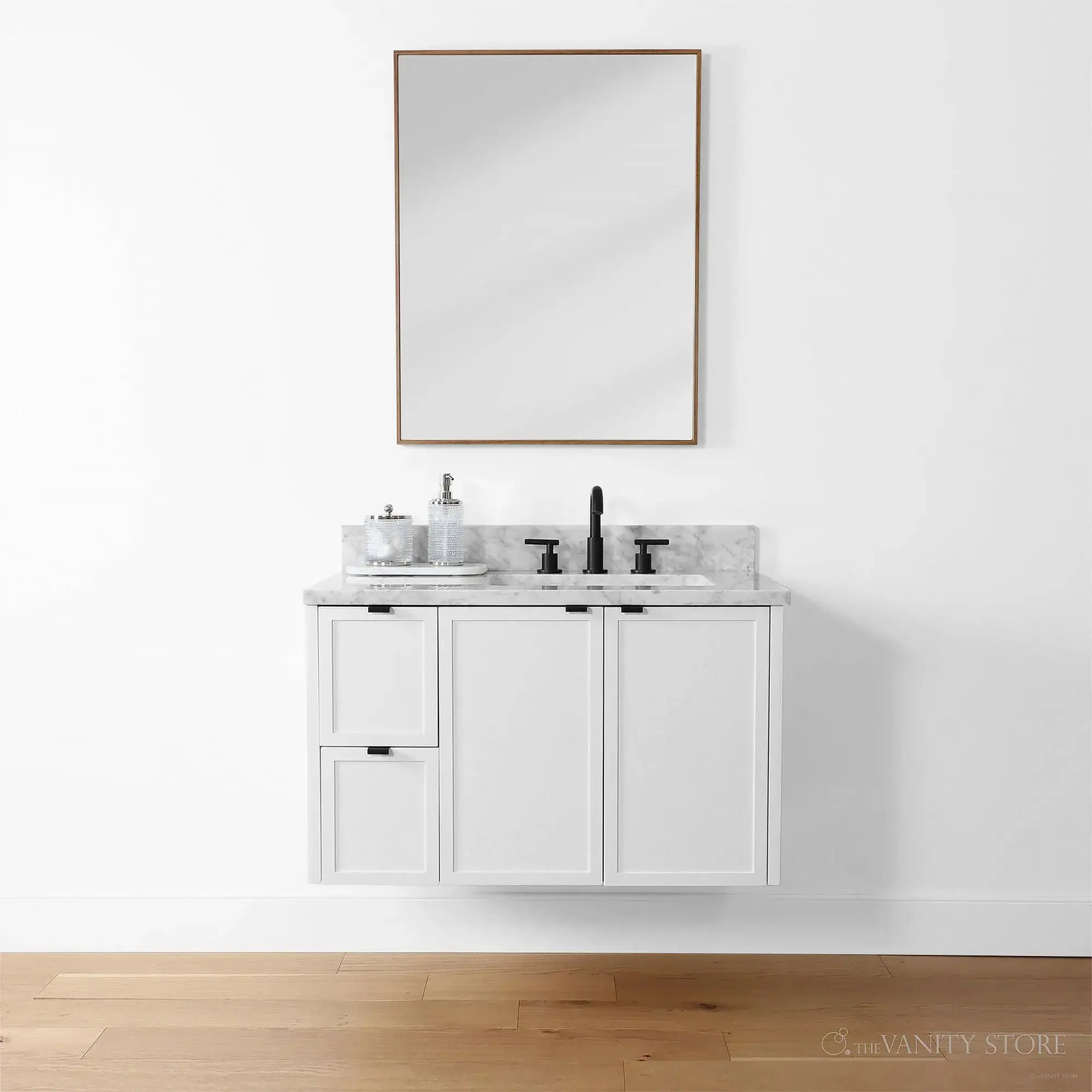 Cape Breton 36" Wall Mount Satin White Bathroom Vanity, Right Sink - Image 2