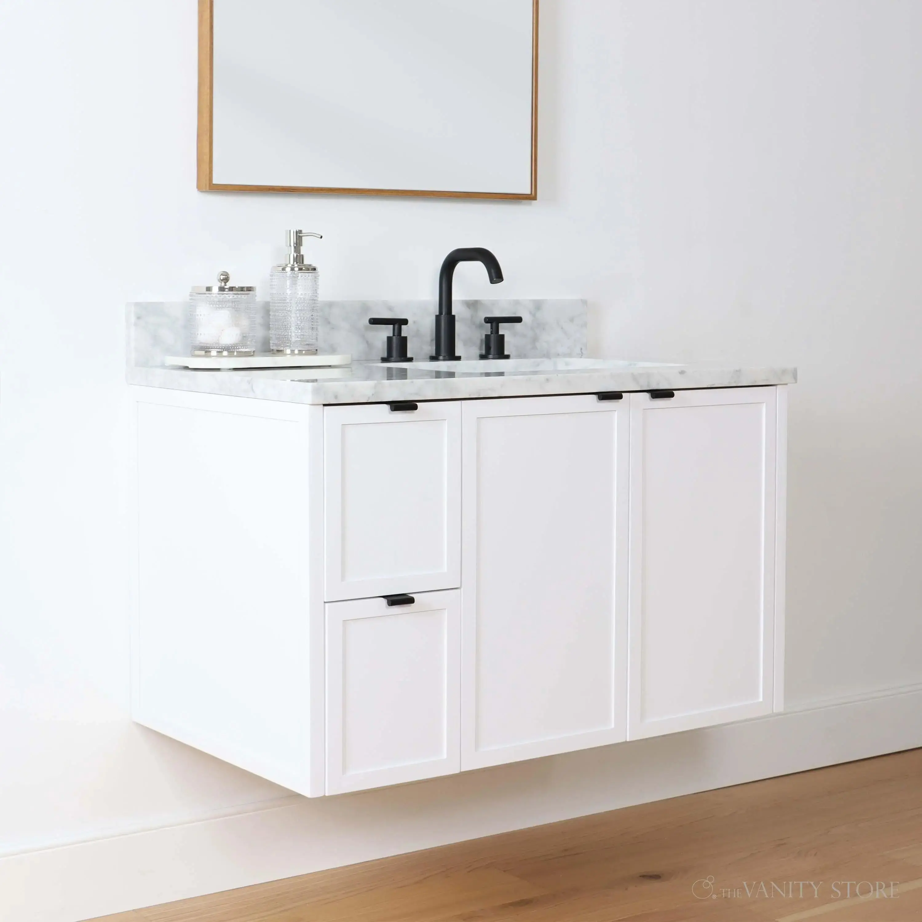 Cape Breton 36" Wall Mount Satin White Bathroom Vanity, Right Sink - Image 3