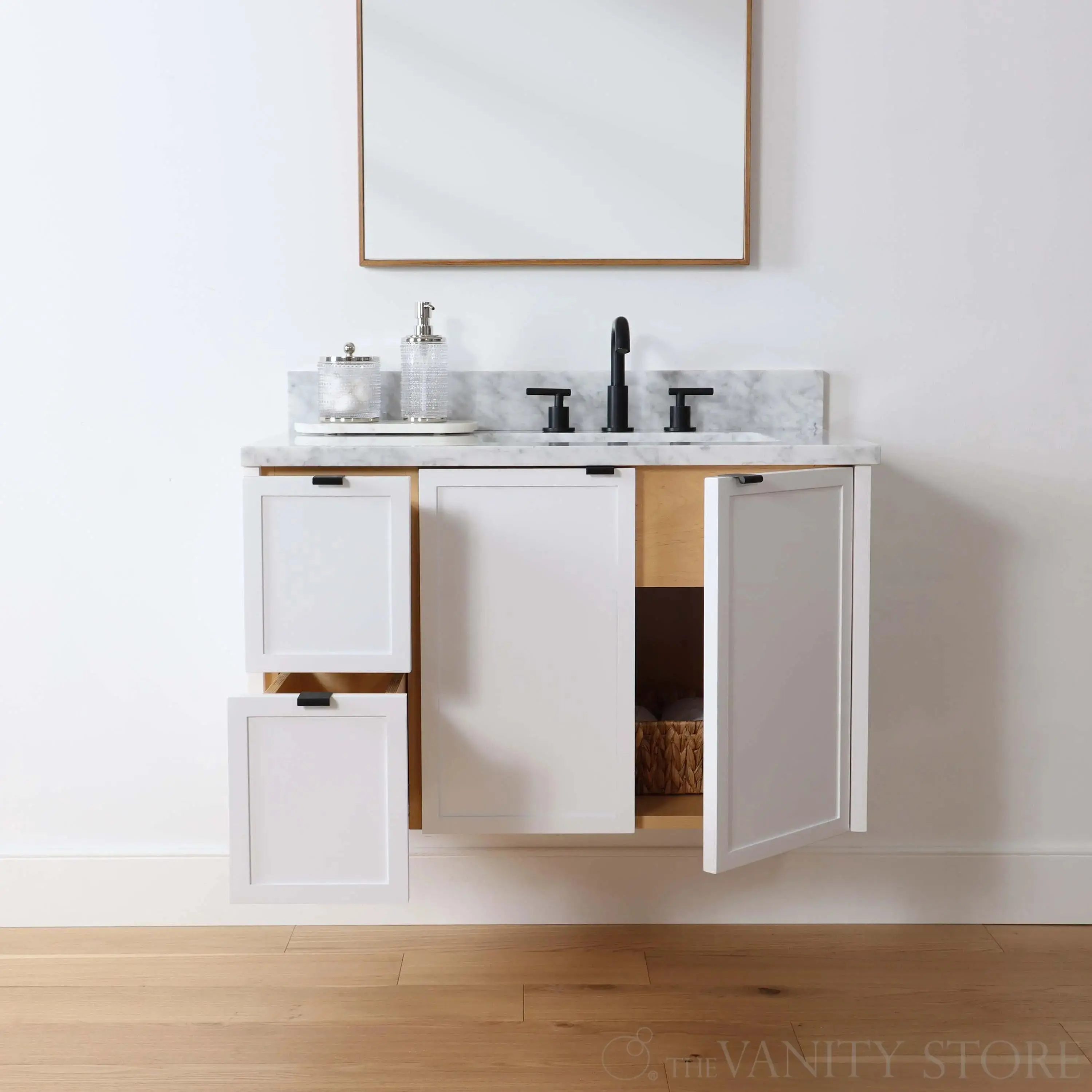Cape Breton 36" Wall Mount Satin White Bathroom Vanity, Right Sink - Image 4