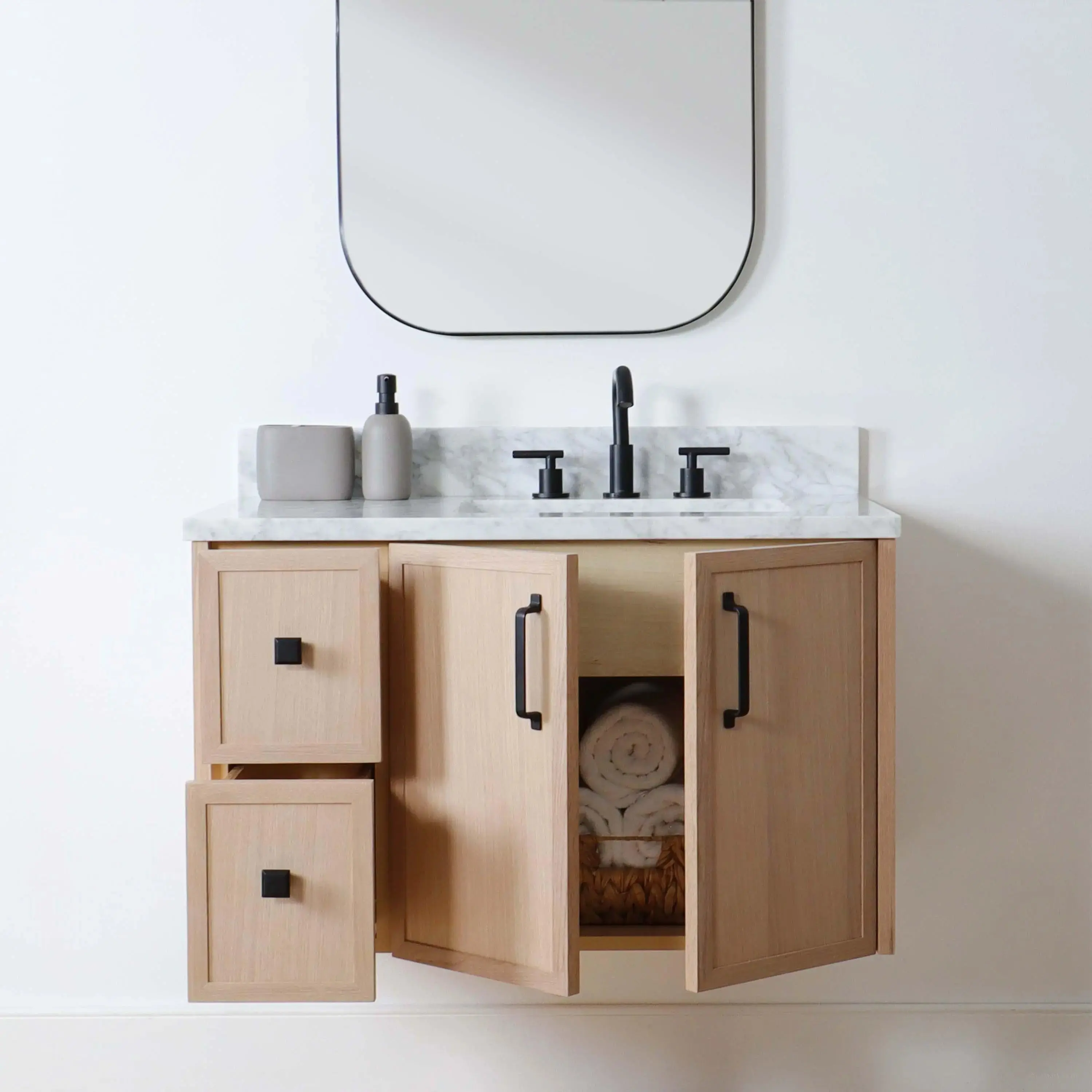 Cape Breton 36" Wall Mount White Oak Bathroom Vanity, Right Sink - Image 8