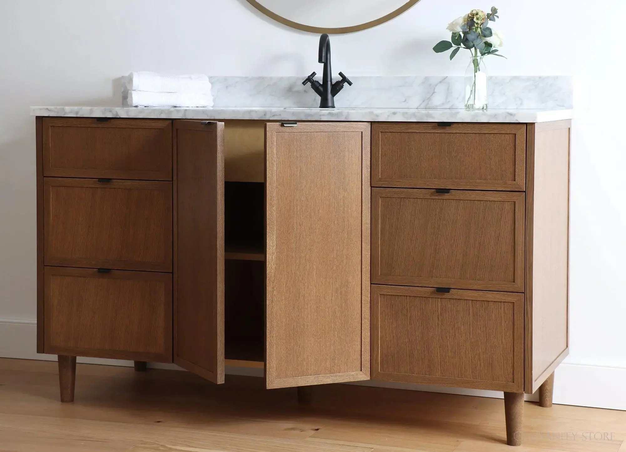 Cape Breton 60" Mid Century Oak Bathroom Vanity - Image 5