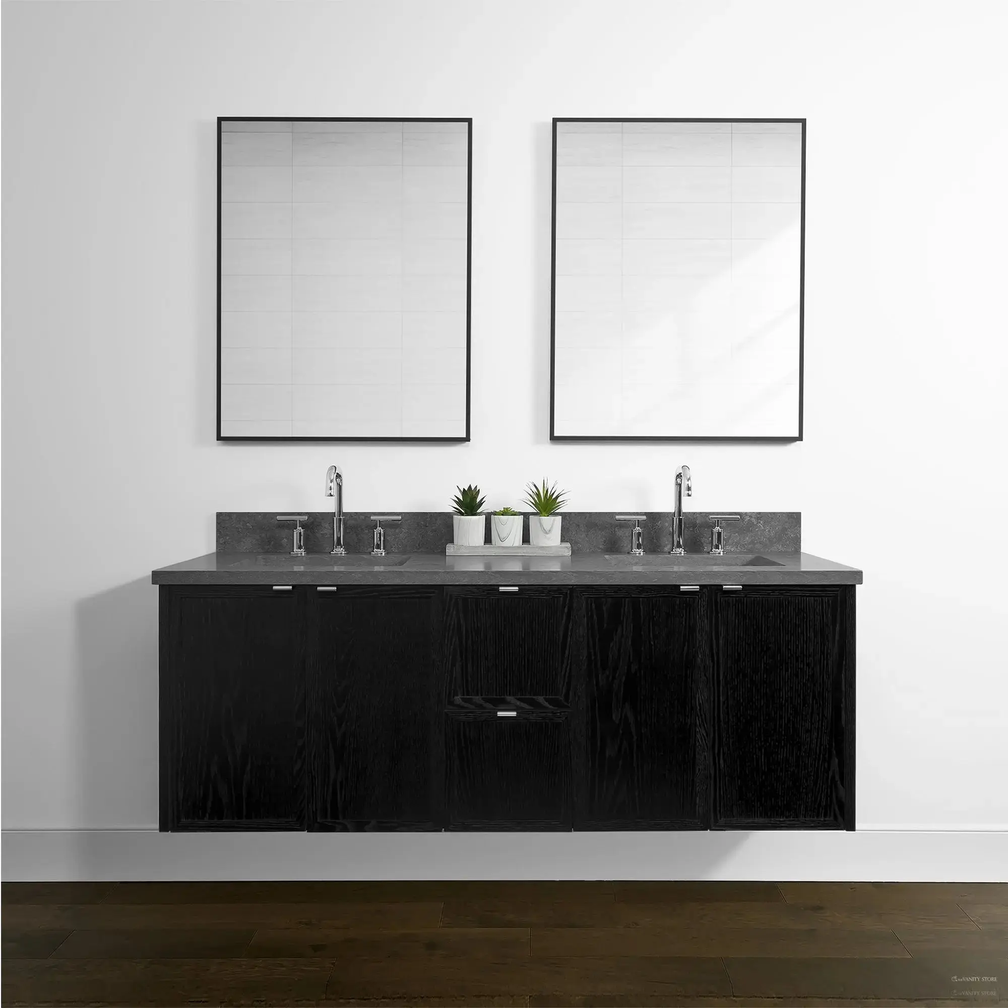 Cape Breton 60" Wall Mount Blackened Oak Bathroom Vanity, Double Sink - Image 2