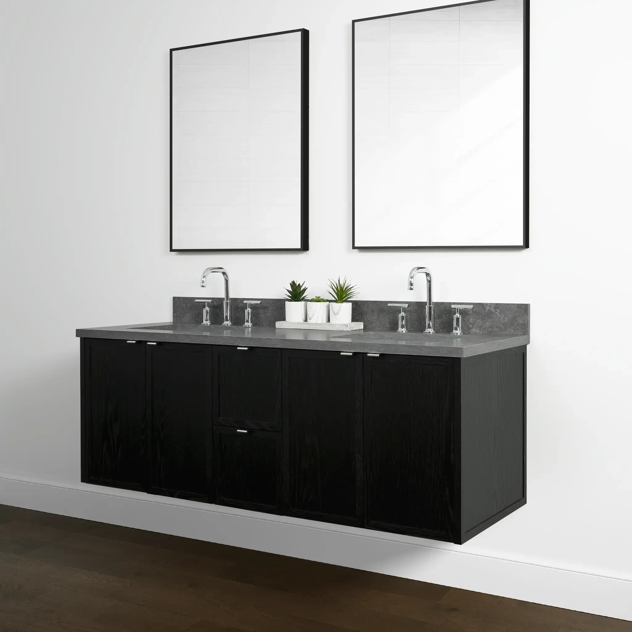 Cape Breton 60" Wall Mount Blackened Oak Bathroom Vanity, Double Sink - Image 4