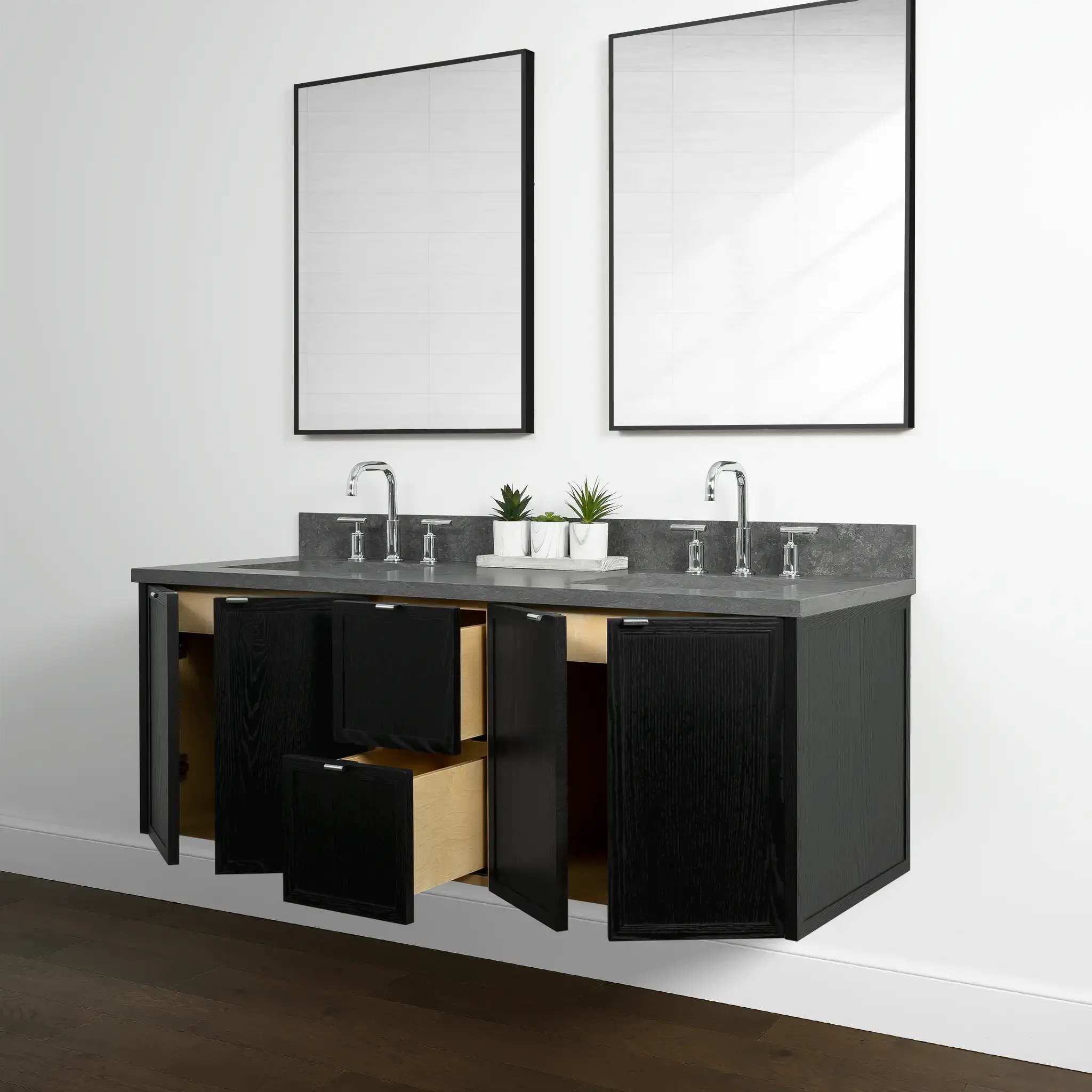 Cape Breton 60" Wall Mount Blackened Oak Bathroom Vanity, Double Sink - Image 6