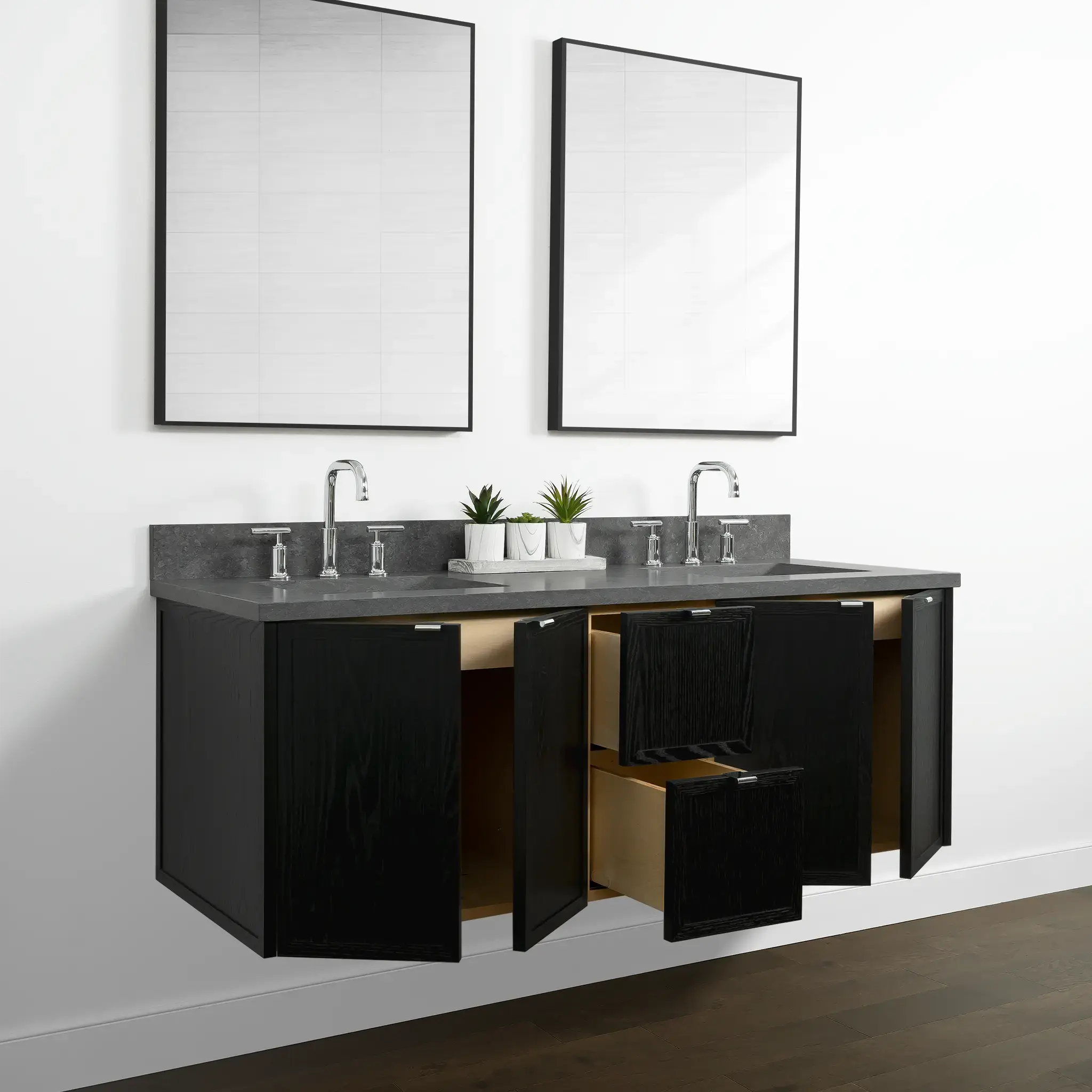 Cape Breton 60" Wall Mount Blackened Oak Bathroom Vanity, Double Sink - Image 7