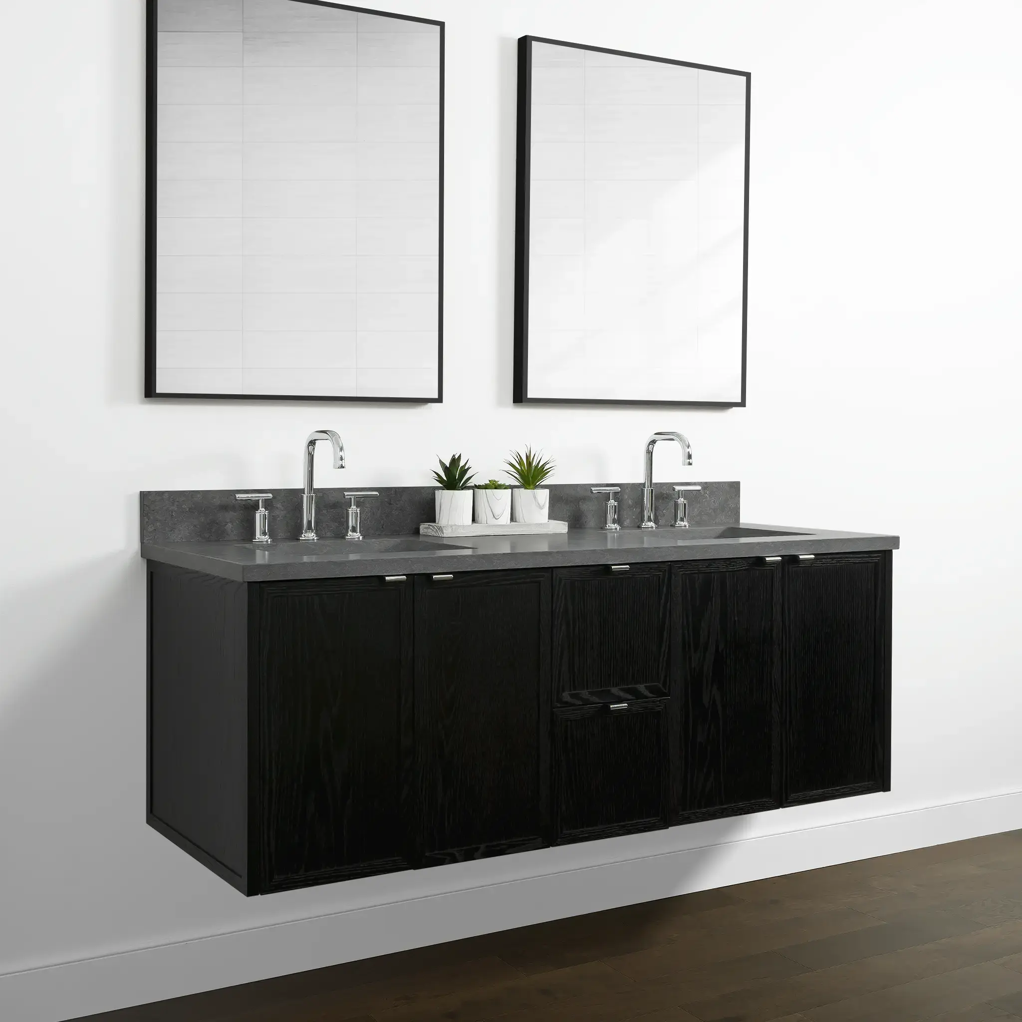 Cape Breton 60" Wall Mount Blackened Oak Bathroom Vanity, Double Sink - Image 8