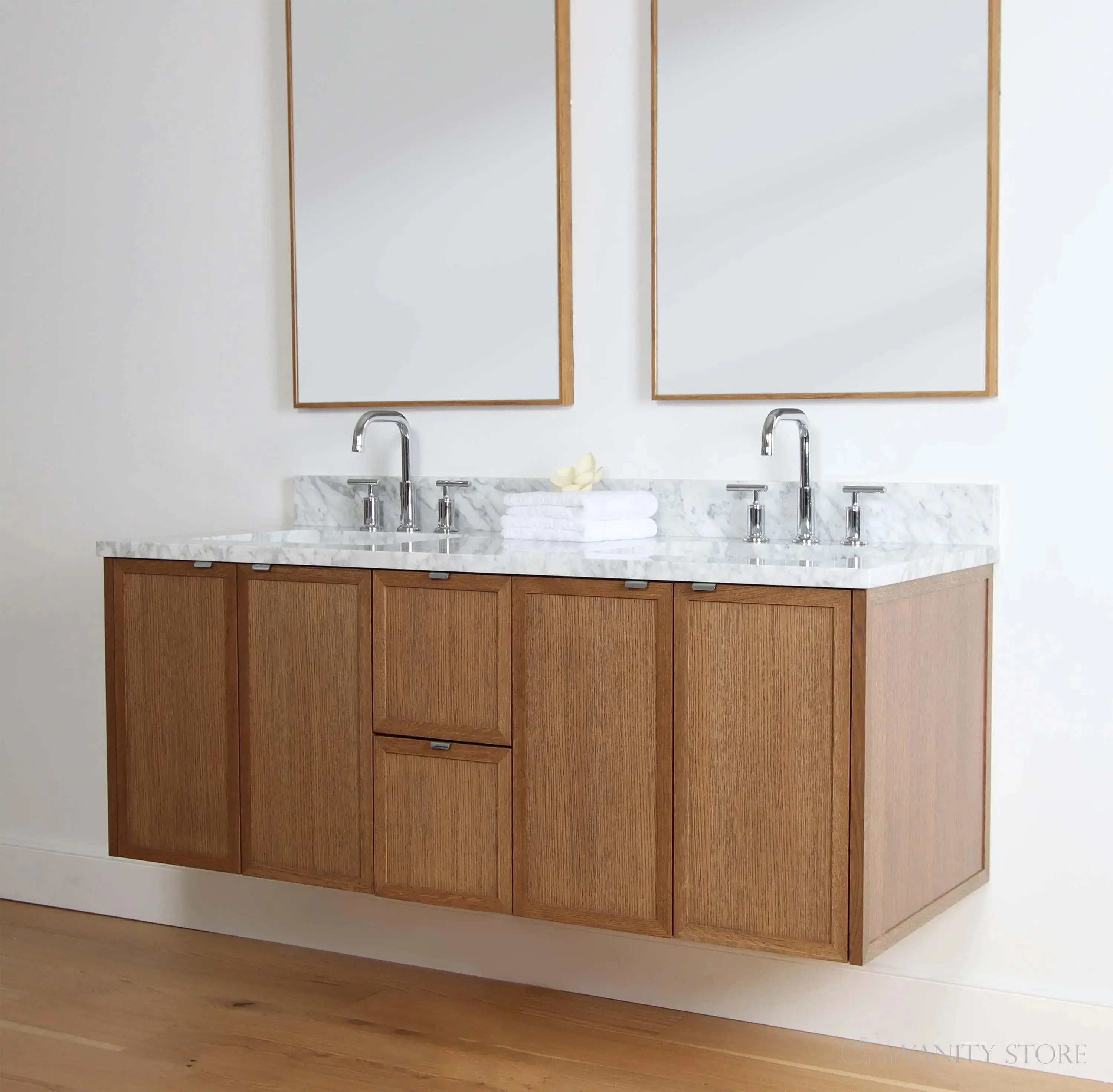 Cape Breton SLIM 60" Wall Mount Mid Century Oak Bathroom Vanity, Double Sink - Image 3