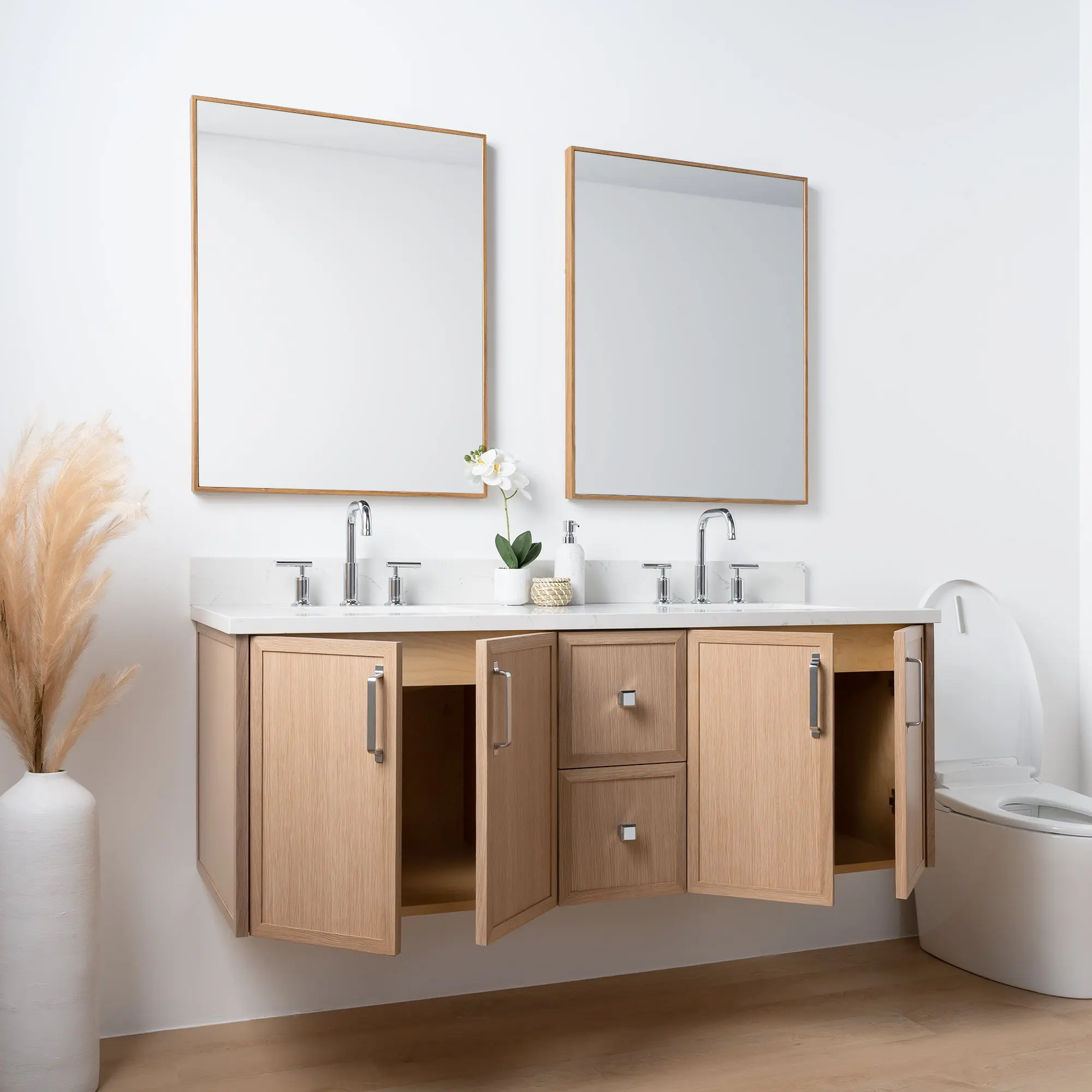 Cape Breton 60" Wall Mount White Oak Bathroom Vanity, Double Sink - Image 5