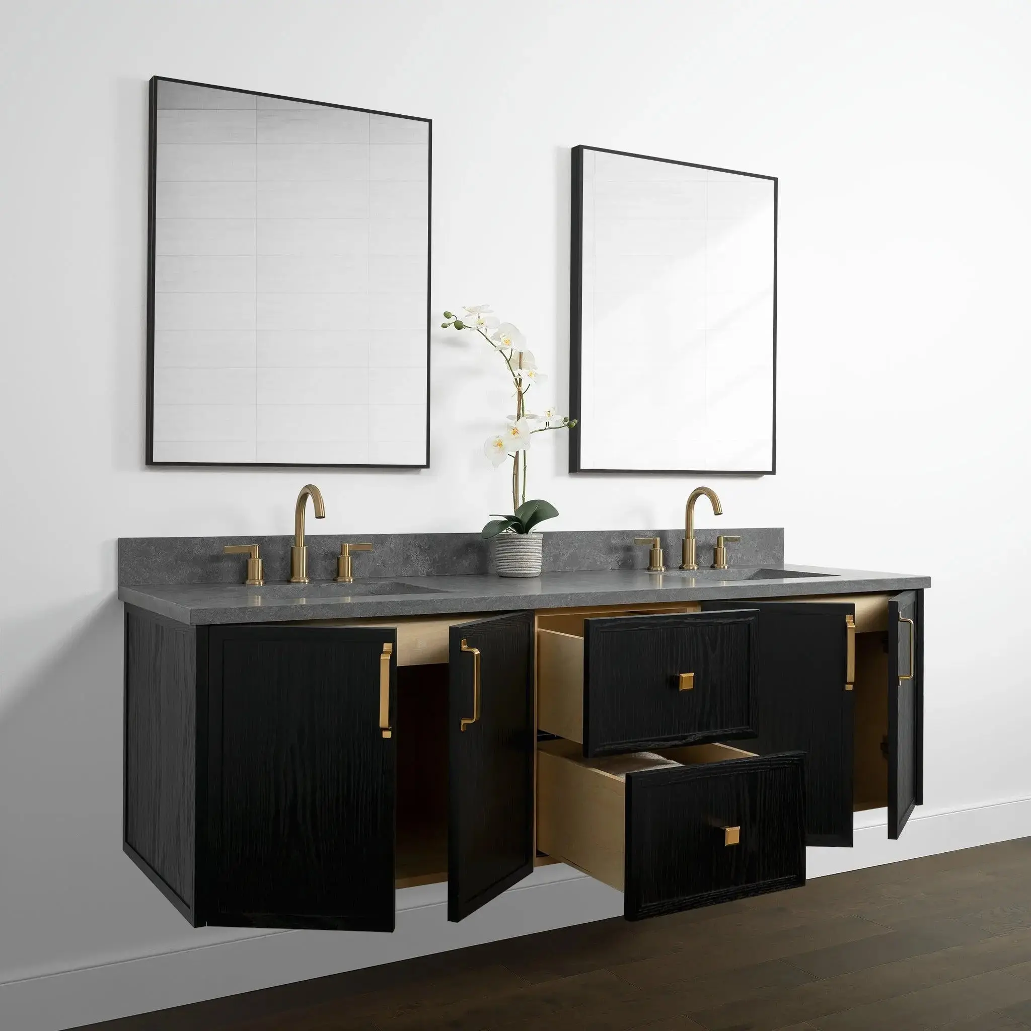 Cape Breton 72" Wall Mount Blackened Oak Bathroom Vanity, Double Sink - Image 7