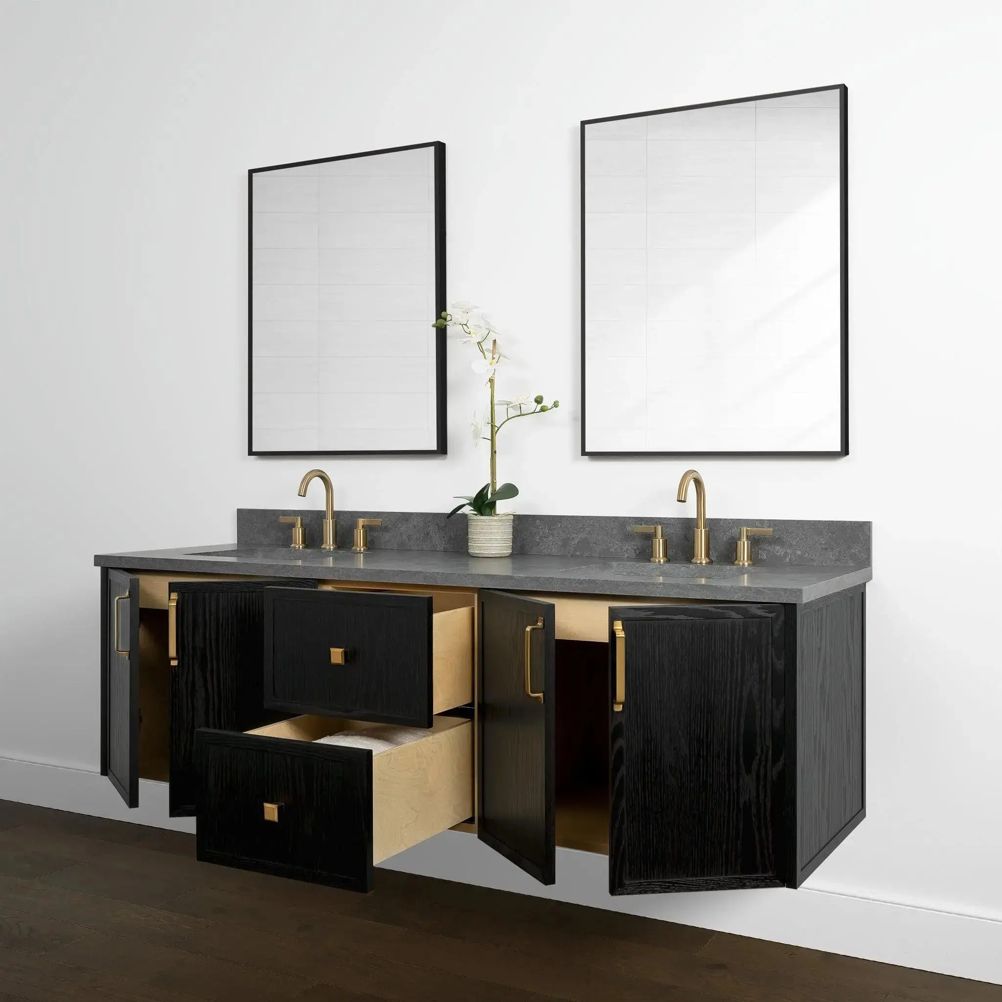 Cape Breton 72" Wall Mount Blackened Oak Bathroom Vanity, Double Sink - Image 9