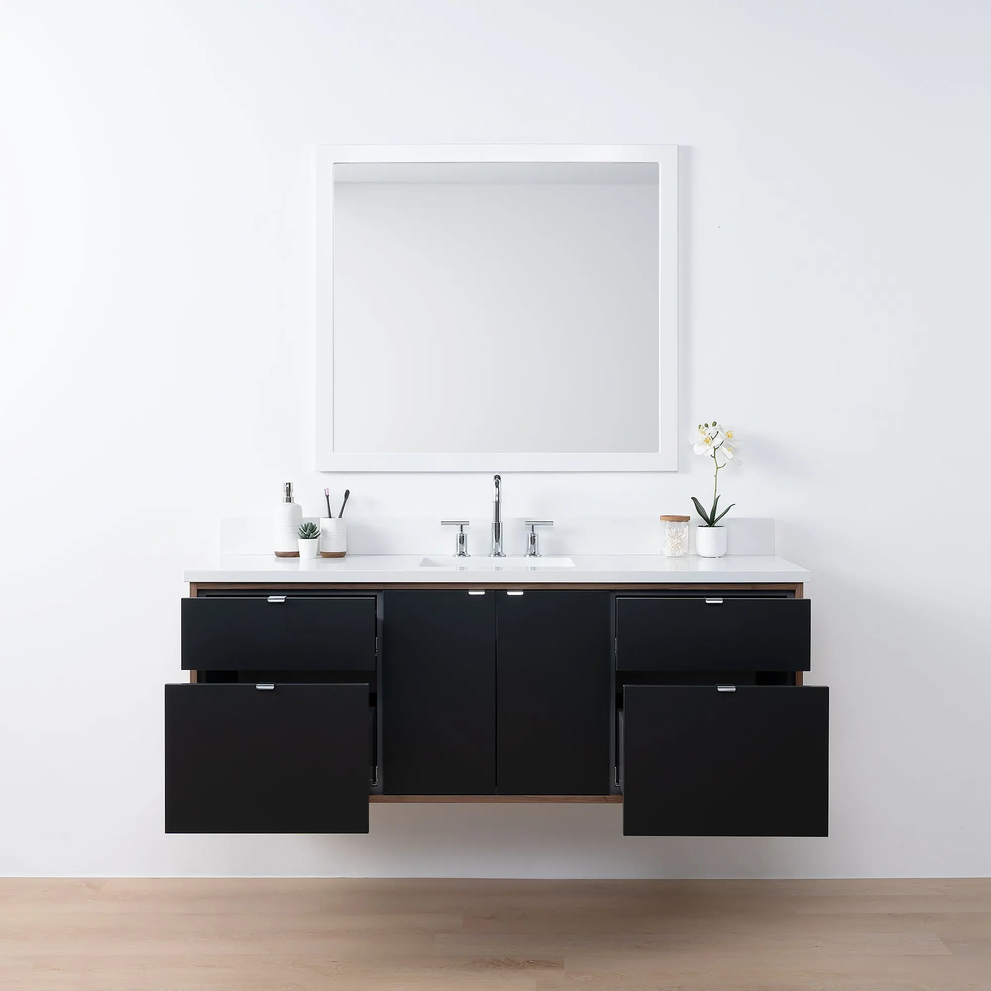 Sidney SLIM 60" Wall Mount Matte Black Bathroom Vanity - Image 3