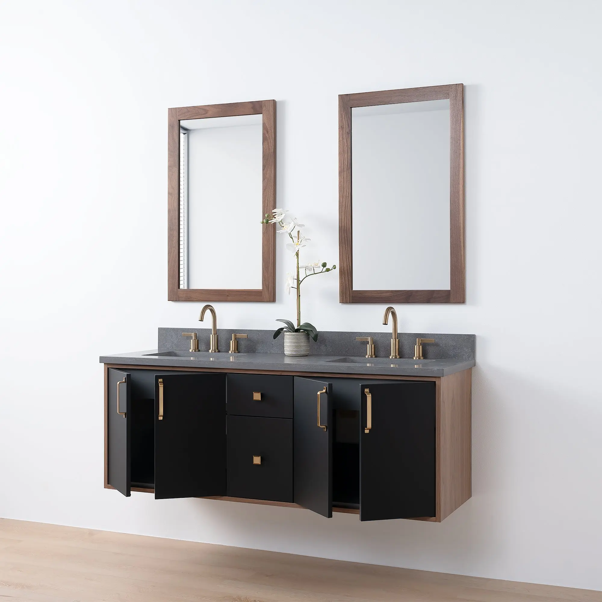 Sidney SLIM 60" Wall Mount Matte Black Bathroom Vanity, Double Sink - Image 10