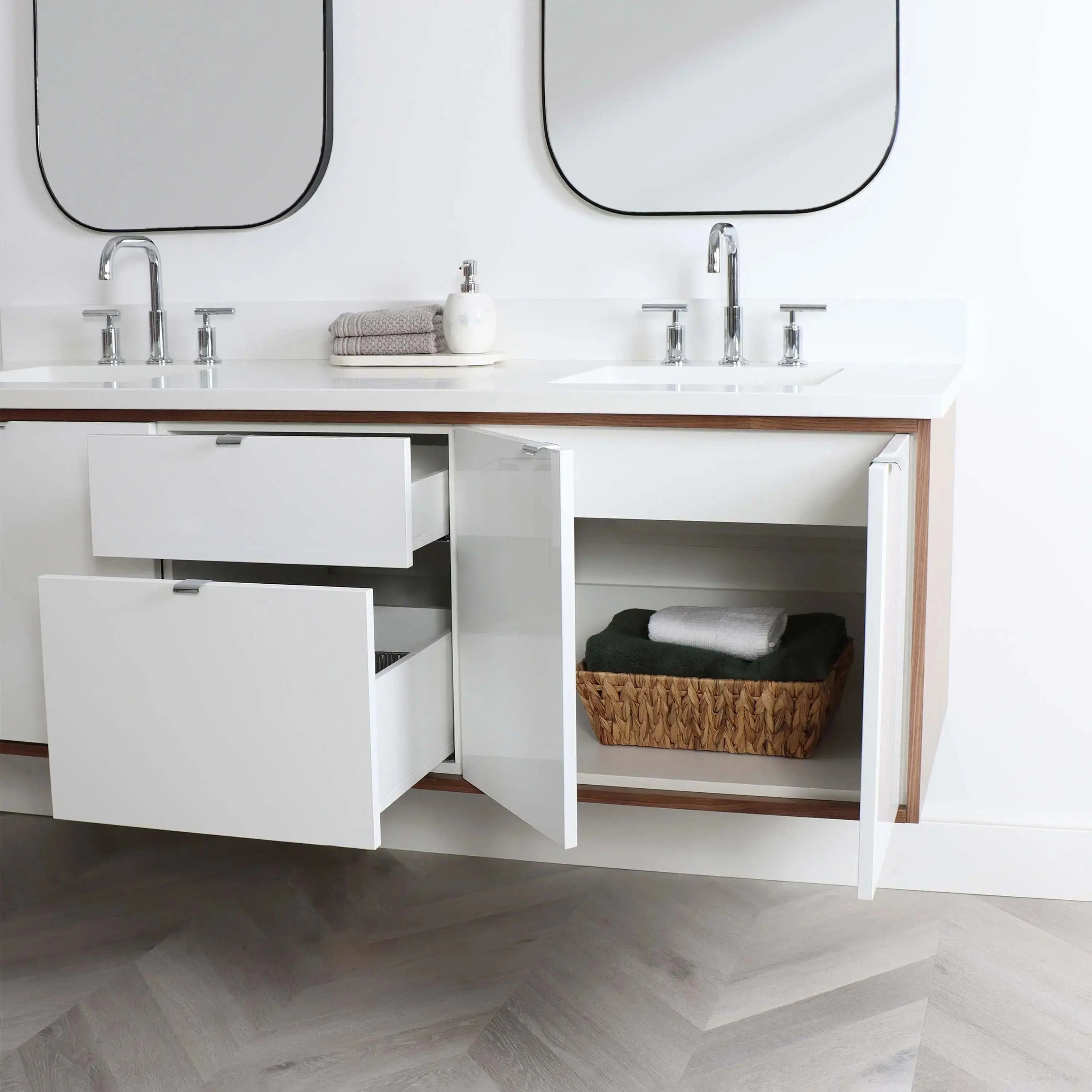Sidney SLIM 72" Wall Mount Gloss White Bathroom Vanity, Double Sink - Image 4